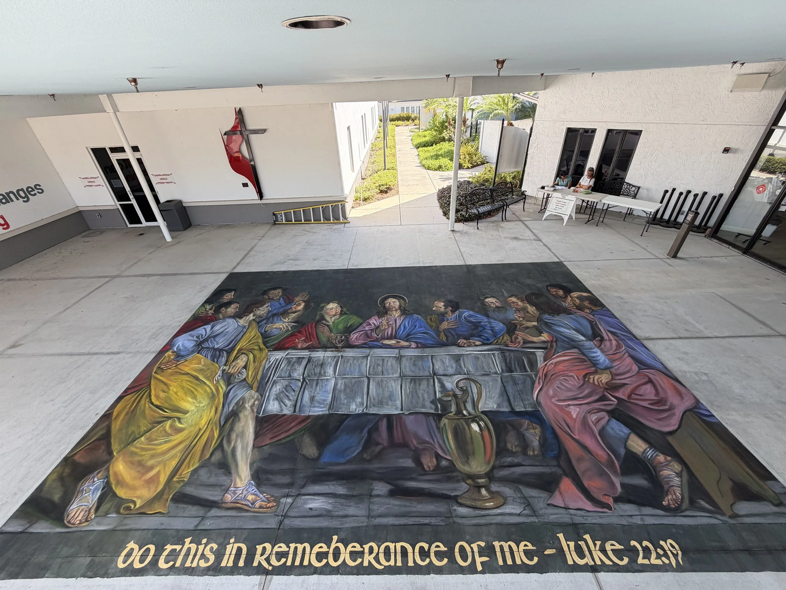 18' x 25' chalk mural of Phillipe De Champaigne's Last Supper for the UMC of Sun City Center, Holy Week 2026