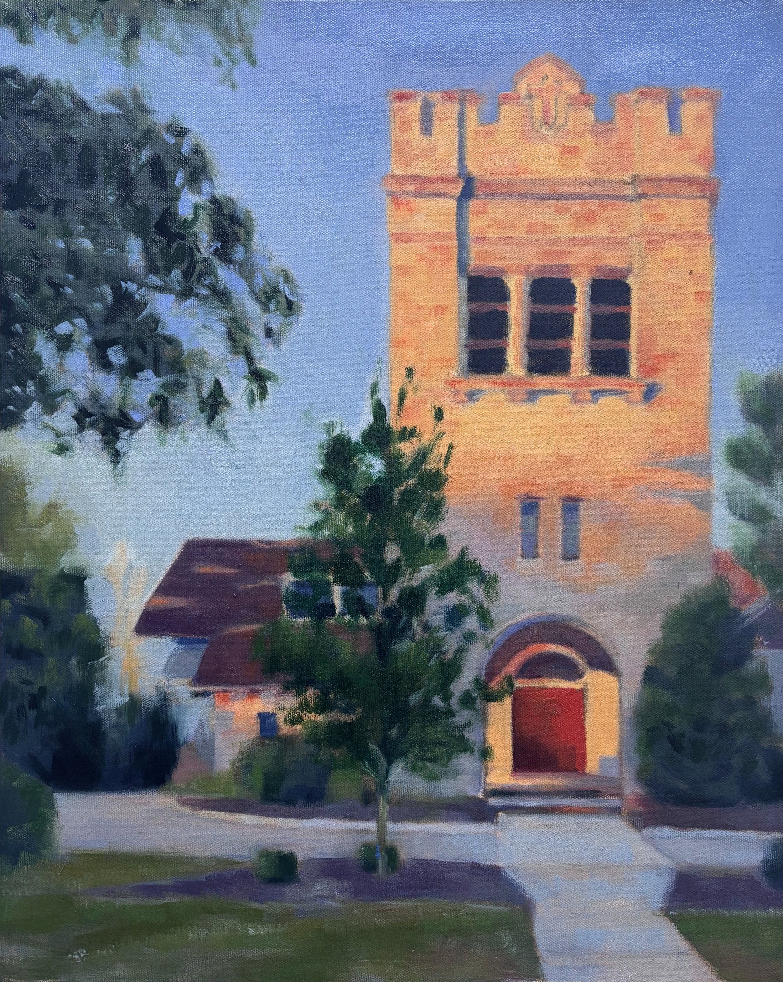 The Tower of Ogden Memorial Presbyterian, oil on canvas, 20x16 in, 2025