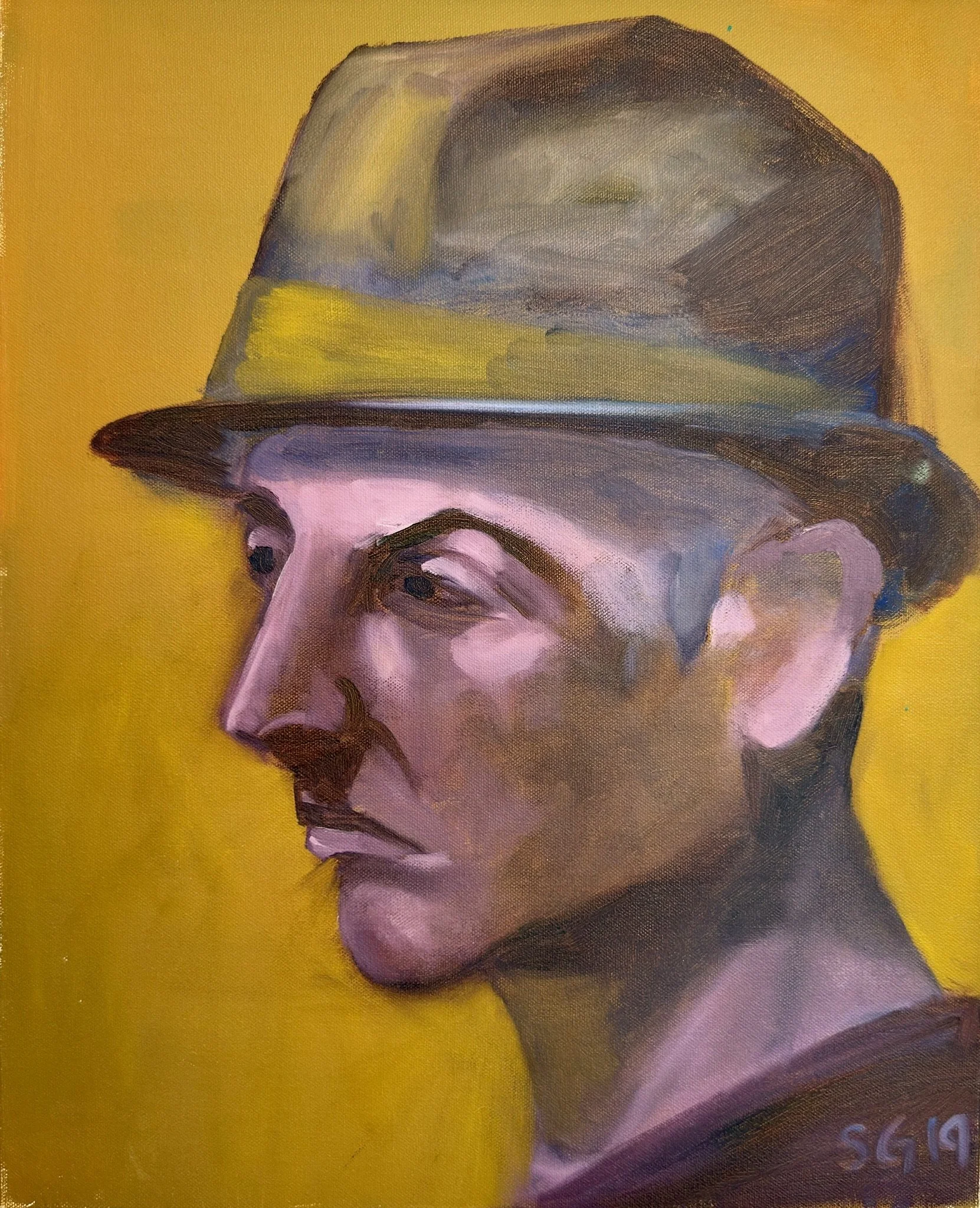 thoughtfulA man with hat in purple and yellow oil paint portrait.