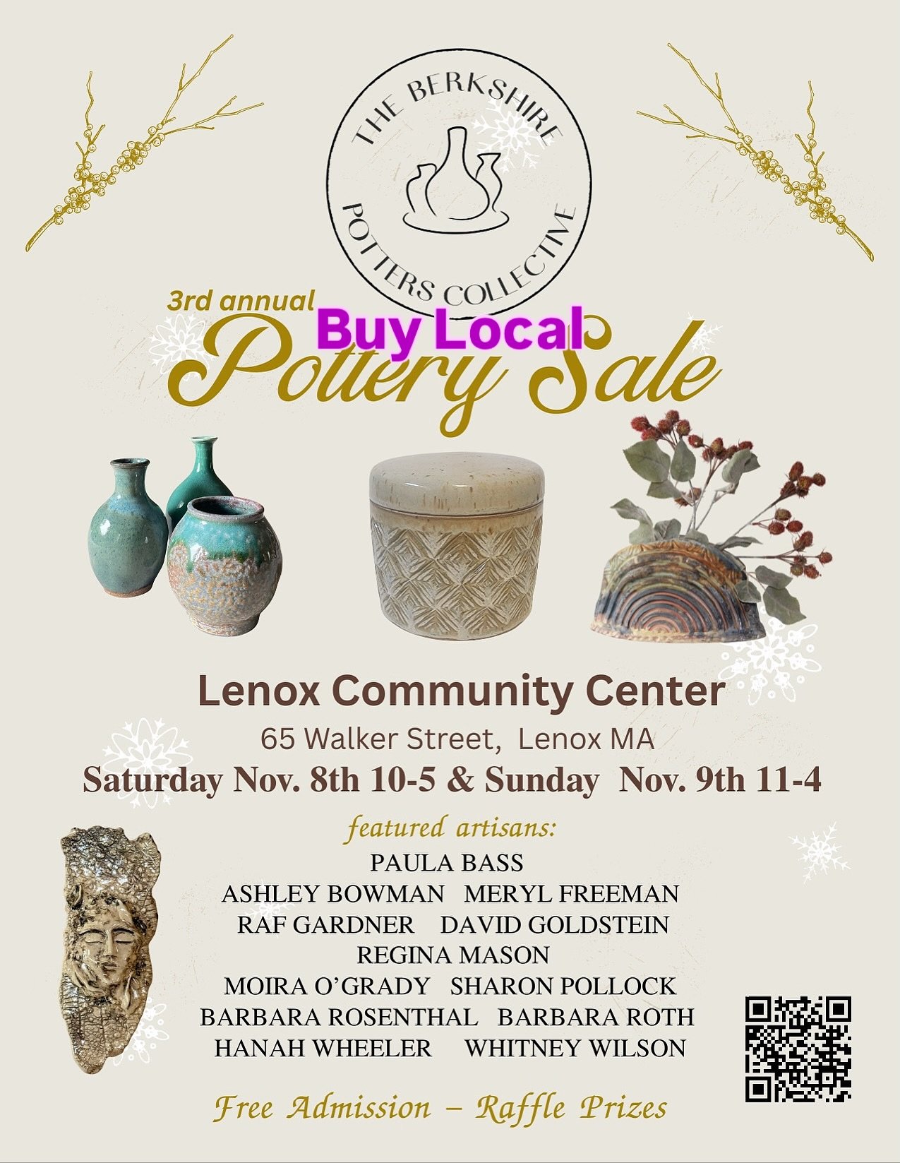 This Holiday Season!

Discover unique, handmade pottery created by Berkshire area potters. 

The Berkshire Potters Collective is proud to present our Third Annual Holiday Sale, featuring the work of thirteen talented local artists.

November 8, 10:00