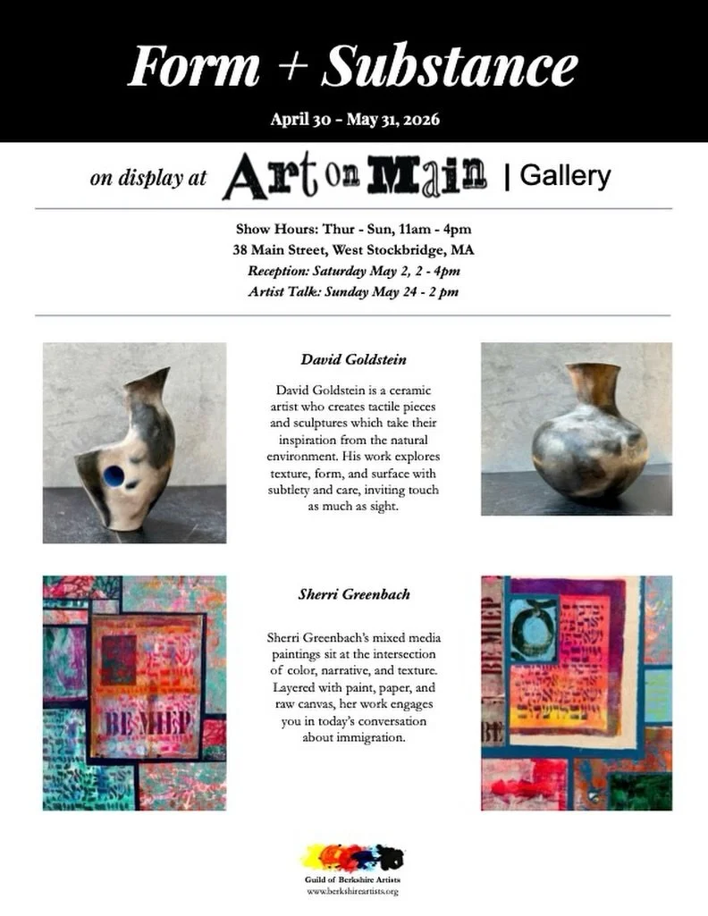 Form + Substance marks the first time we have exhibited our work together, offering a compelling dialogue between our distinct artistic practices.
David presents tactile sculptures inspired by the natural environment, while Sherri&rsquo;s mixed media