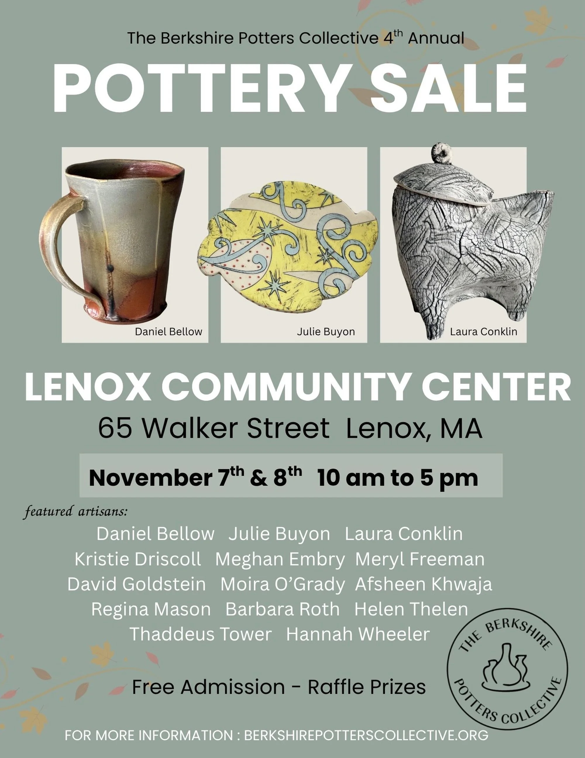 So happy to be part of the Berkshire Potters Collective-this is our 4th annual pottery sale - please come out and support local artists on Nov 7th &amp; 8th from 10-5pm at the Lenox Community Center! Admission is free - fantastic raffle prizes ! It&r