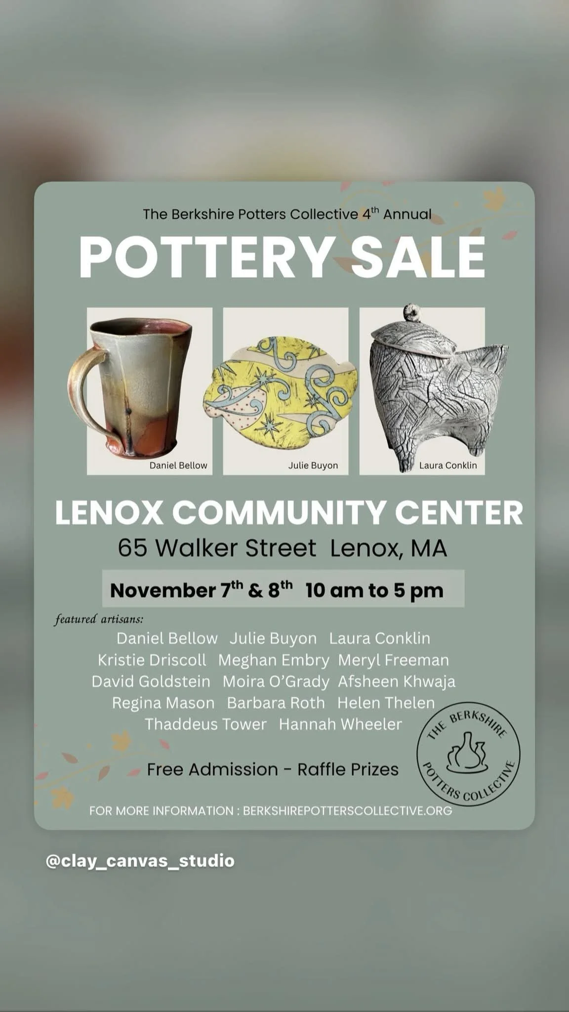 So happy to be part of the Berkshire Potters Collective-this is our 4th annual pottery sale - please come out and support local artists on Nov 7th &amp; 8th from 10-5pm at the Lenox Community Center! Admission is free - fantastic raffle prizes ! It's