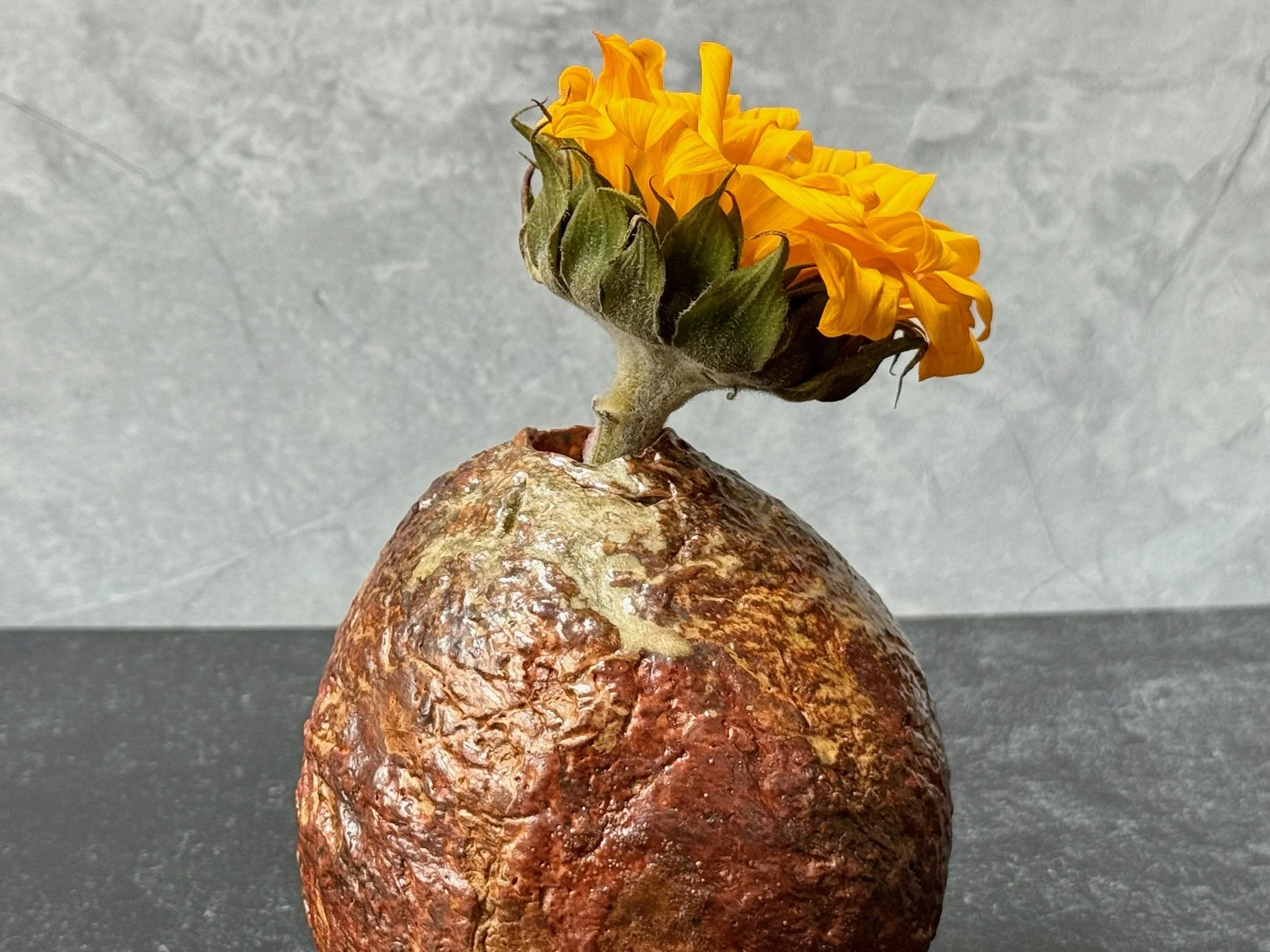 Small red stoneware moon vase with gold shino and ash-kissed texture.