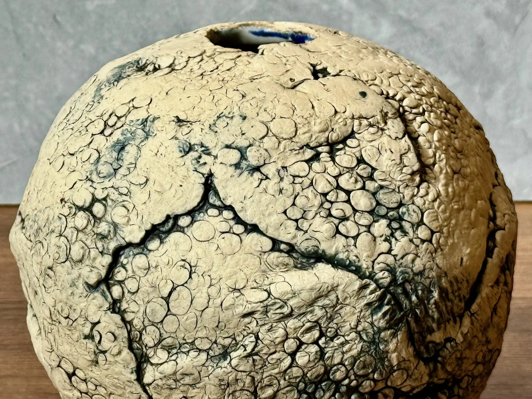 Rounded moon vase with cobalt oxide brush accents and clean fired finish.