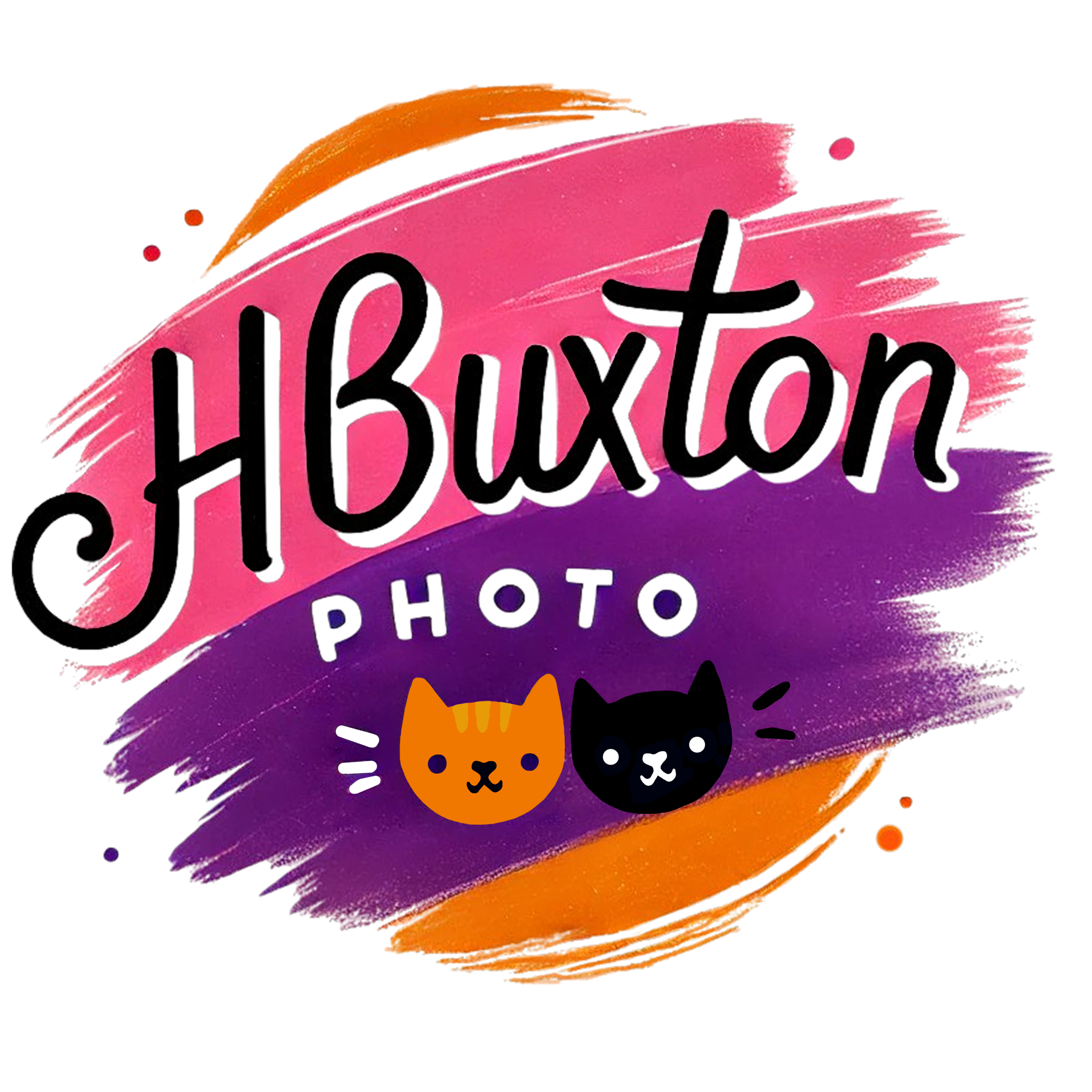 Logo saying HBuxton photo in neat handwriting. Under the name is a cute hand-drawn design of a ginger cat and a black cat based on Hollie's two pets. In the background are orange, pink & purple brush strokes creating a circular backdrop
