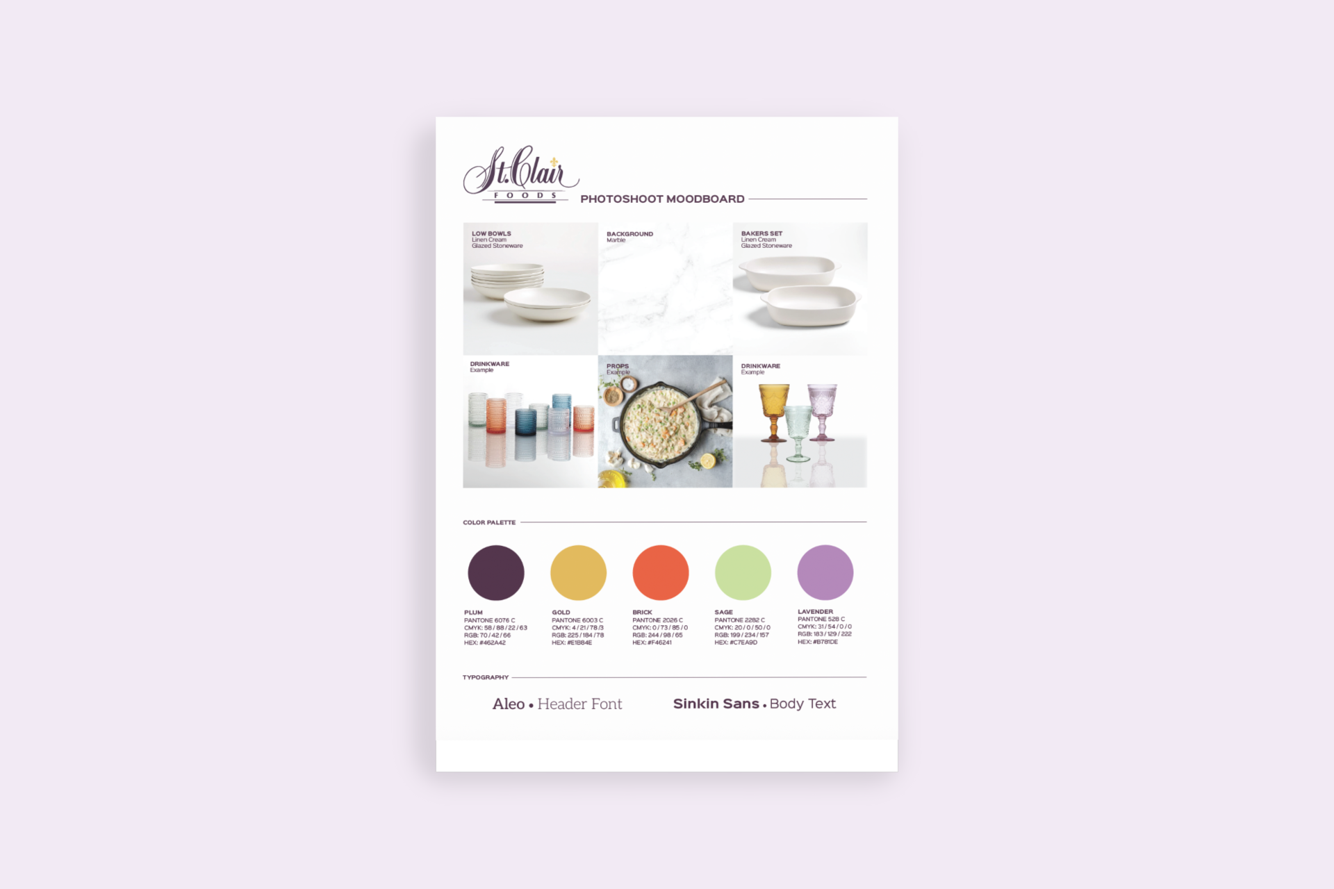 A colorful mood board with images of dishes, drinkware, and color palettes for a culinary or design project. Includes swatches of plum, gold, brick, sage, and lavender colors, and text with font styles.