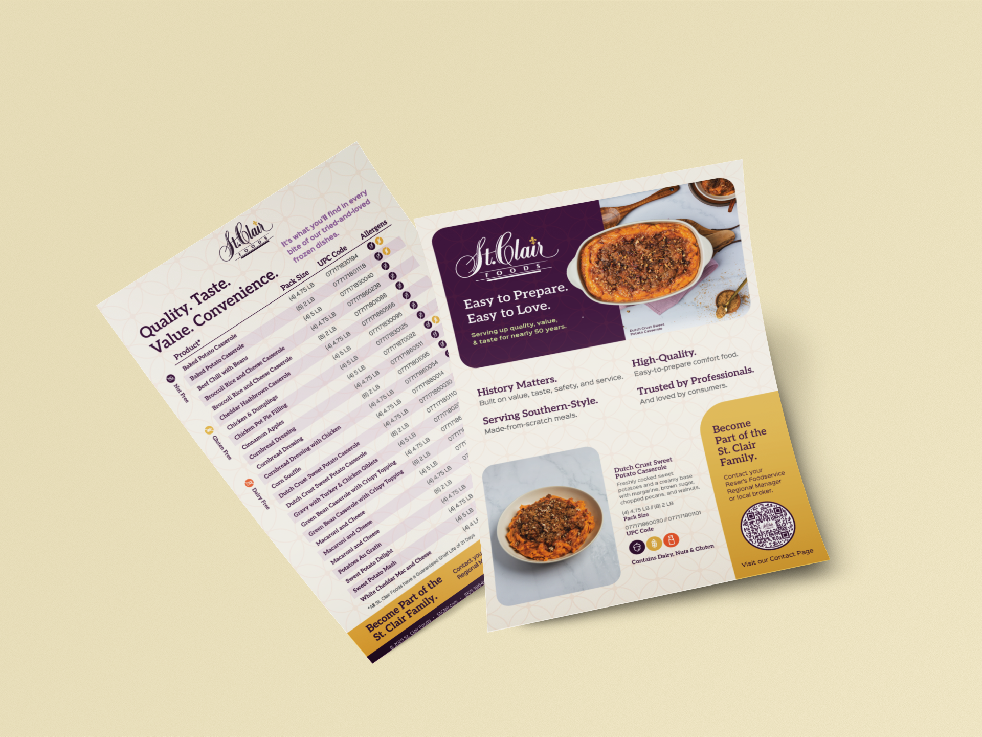 A two-sided leaflet menu for St. Clair Foods featuring roasted potato casserole with a picture, text about the company's history, quality, and Southern-style cooking, and a QR code for contact information. The menu highlights easy preparation, high quality, trusted by professionals, and part of the St. Clair family.