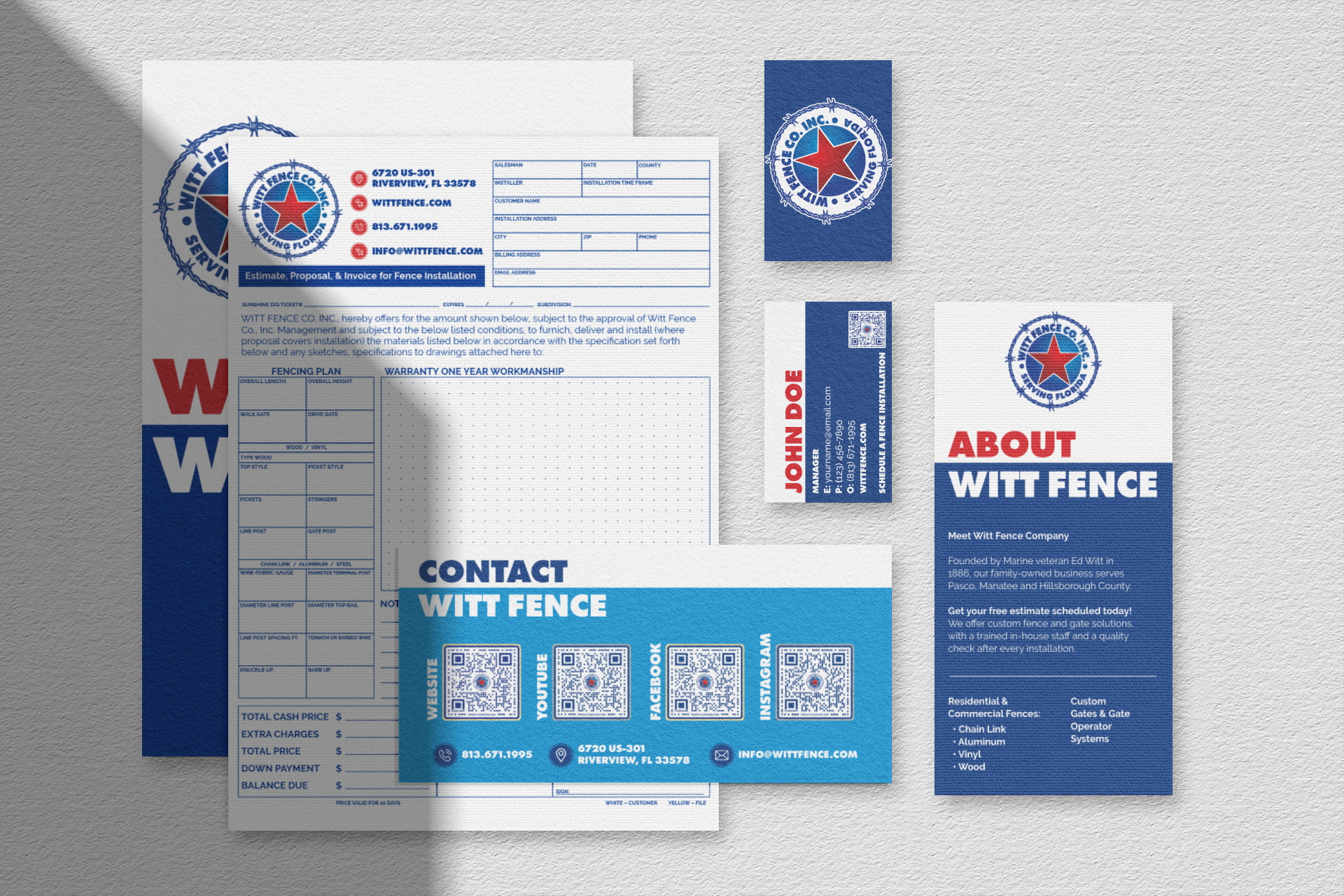 Set of printed marketing materials for Witt Fence Company, including a business card, flyers, and a quotation form, predominantly in blue, white, and red, featuring the company logo with a red star and fencing imagery.