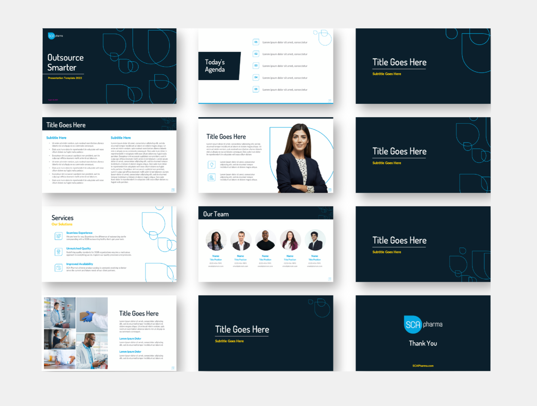 A multi-slide PowerPoint presentation template with a dark blue and white color scheme, featuring slides titled 'Outsource Smarter,' 'Today's Agenda,' 'Our Team,' 'Services,' and placeholders for titles and content, including images of professionals and abstract geometric designs.