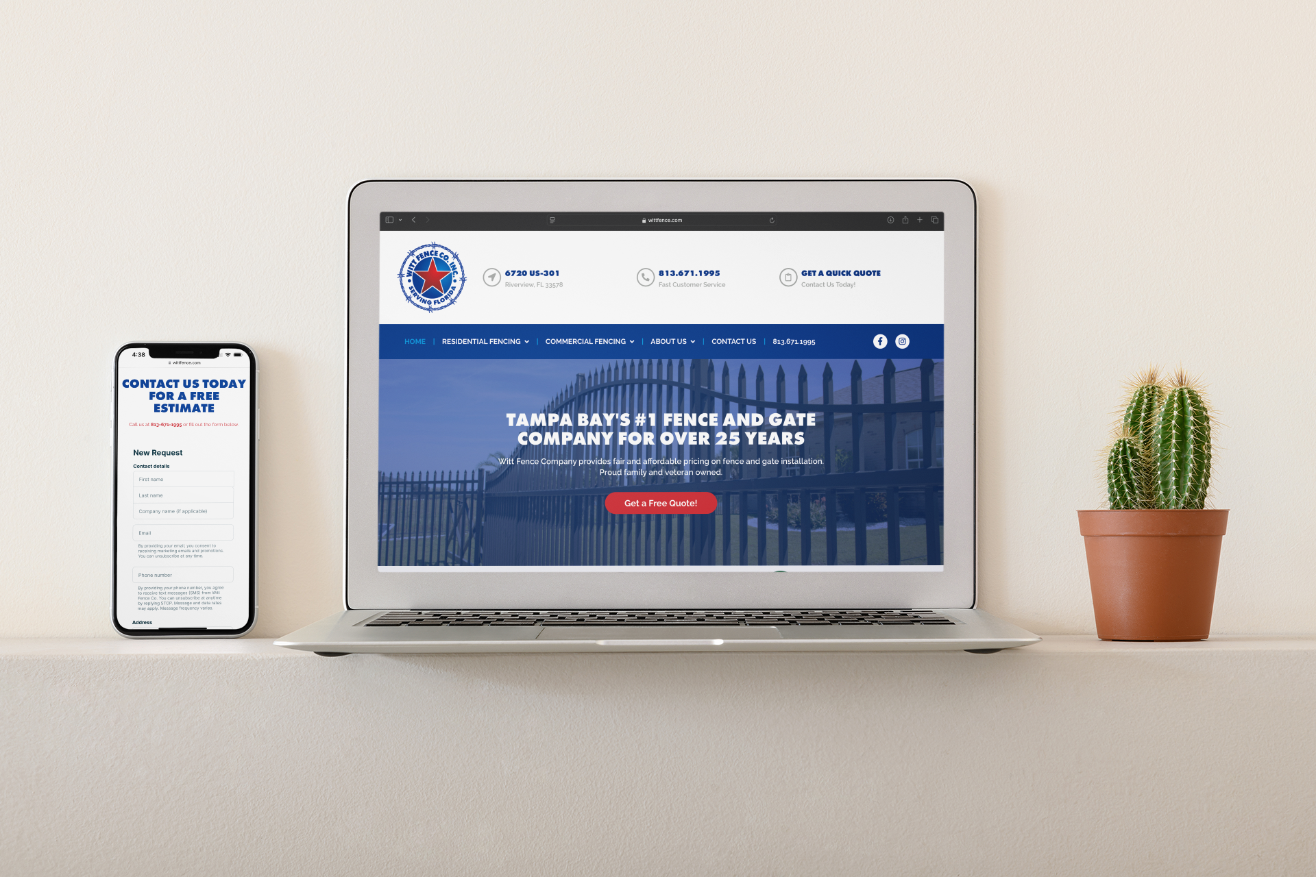 Laptop and smartphone displaying fencing company's website and contact form on a white surface next to a potted cactus.