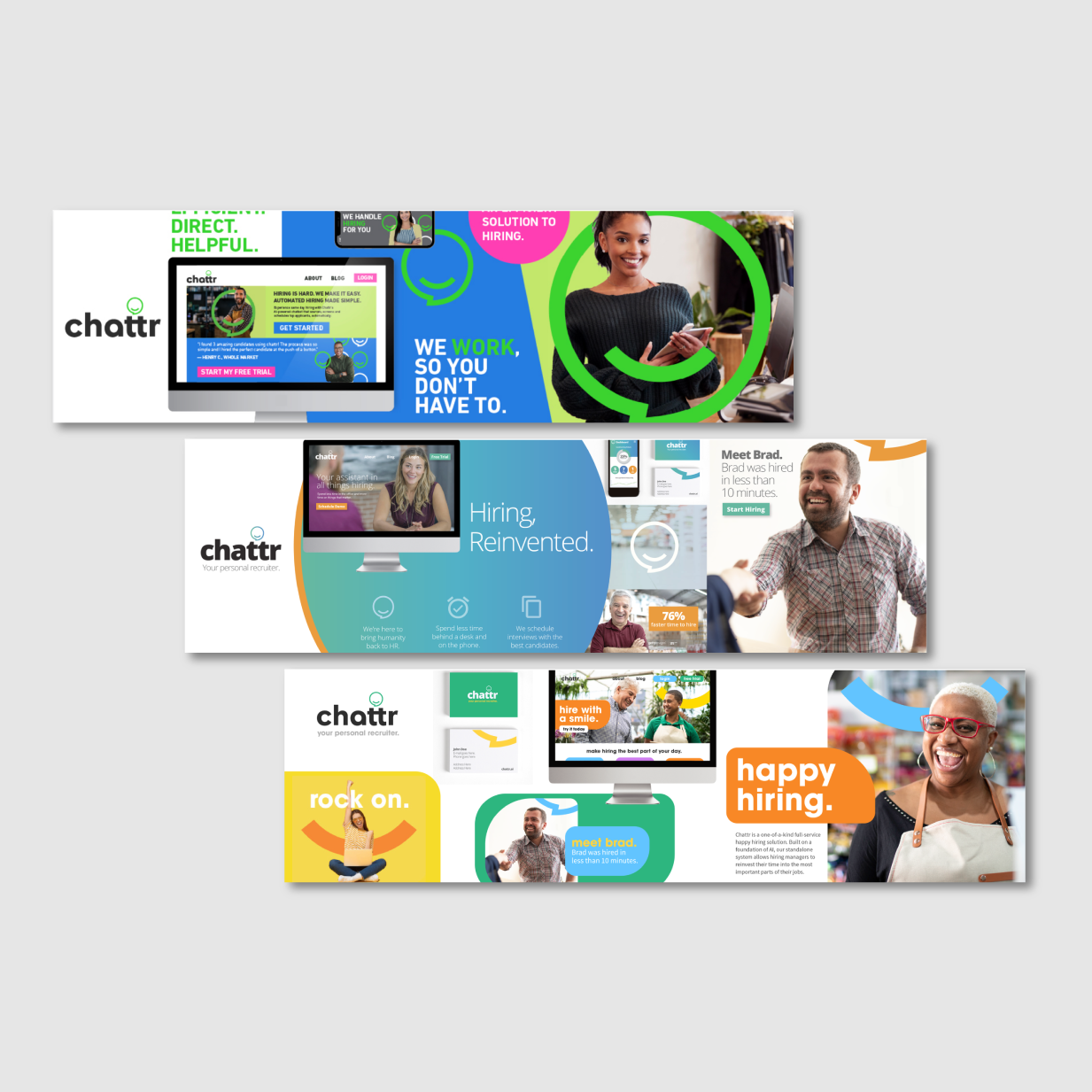 Three digital advertisement banners for Chattr, a hiring and recruitment platform, featuring diverse people smiling, text promoting hiring solutions, and colorful graphics.