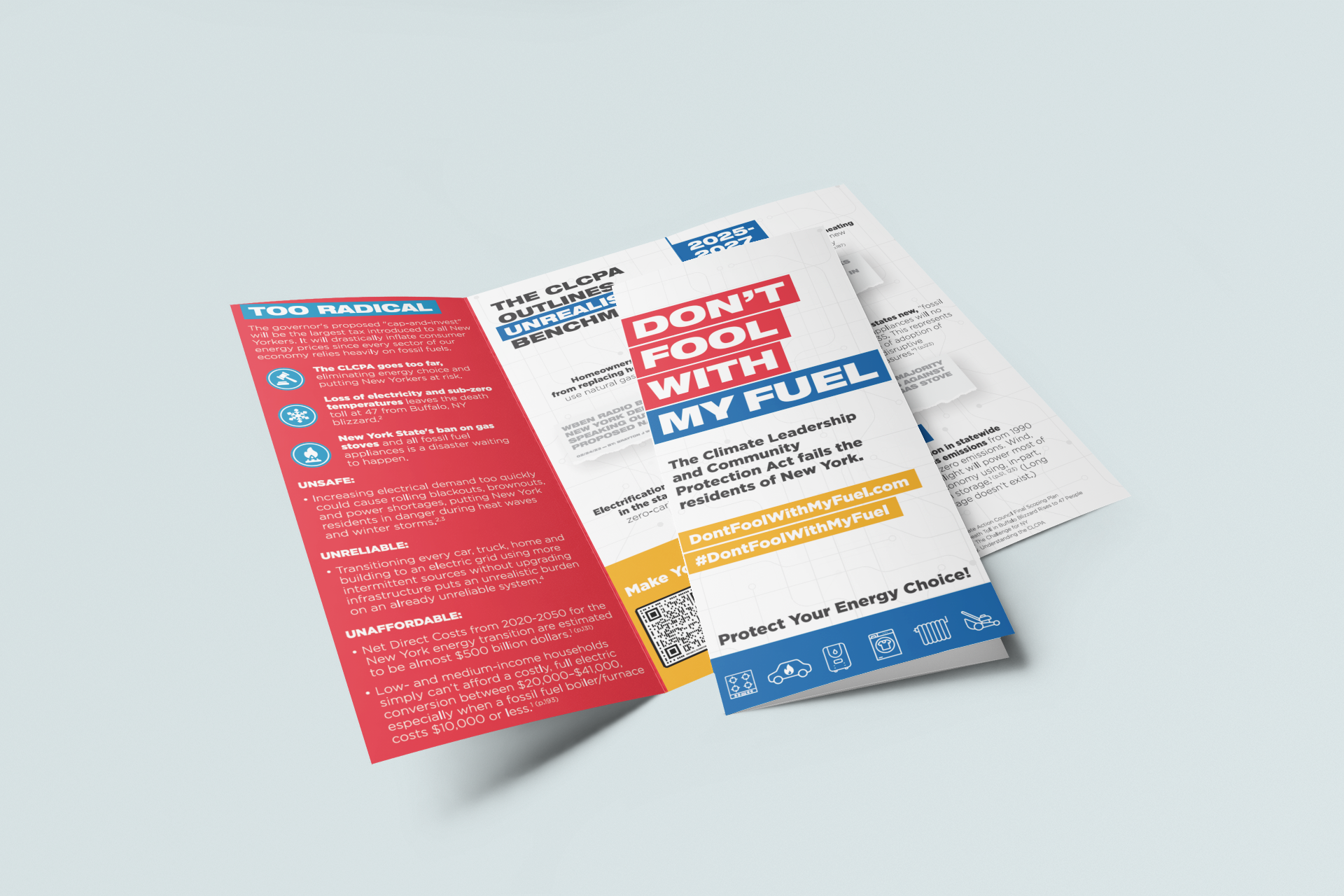 A folded flyer with bold red and blue text promoting energy conservation, climate leadership, and community protection, including hashtags and a QR code.