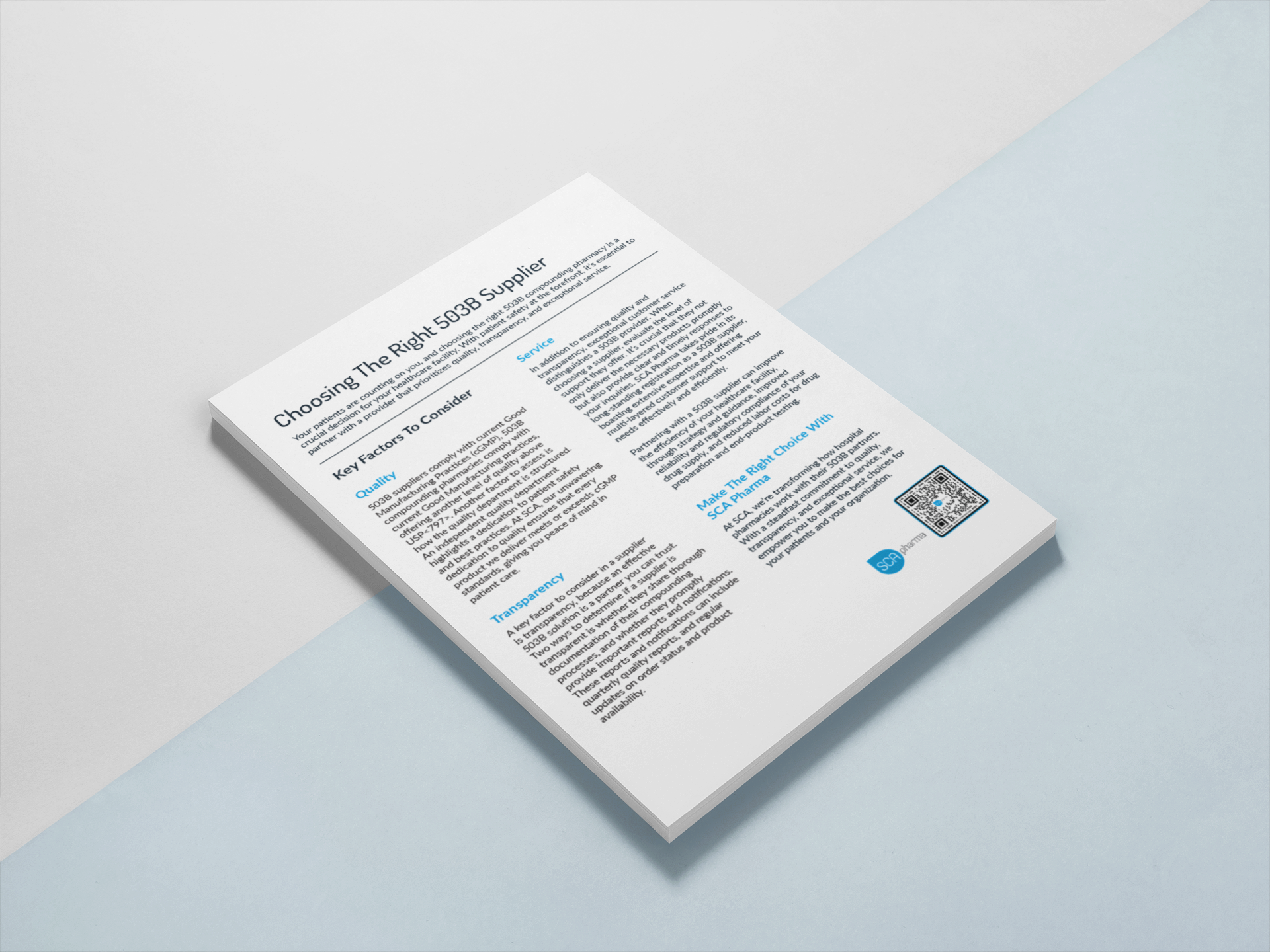 A printed informational flyer titled 'Choosing the Right 503B Supplier' lying on a flat surface with a white background and a light blue section.