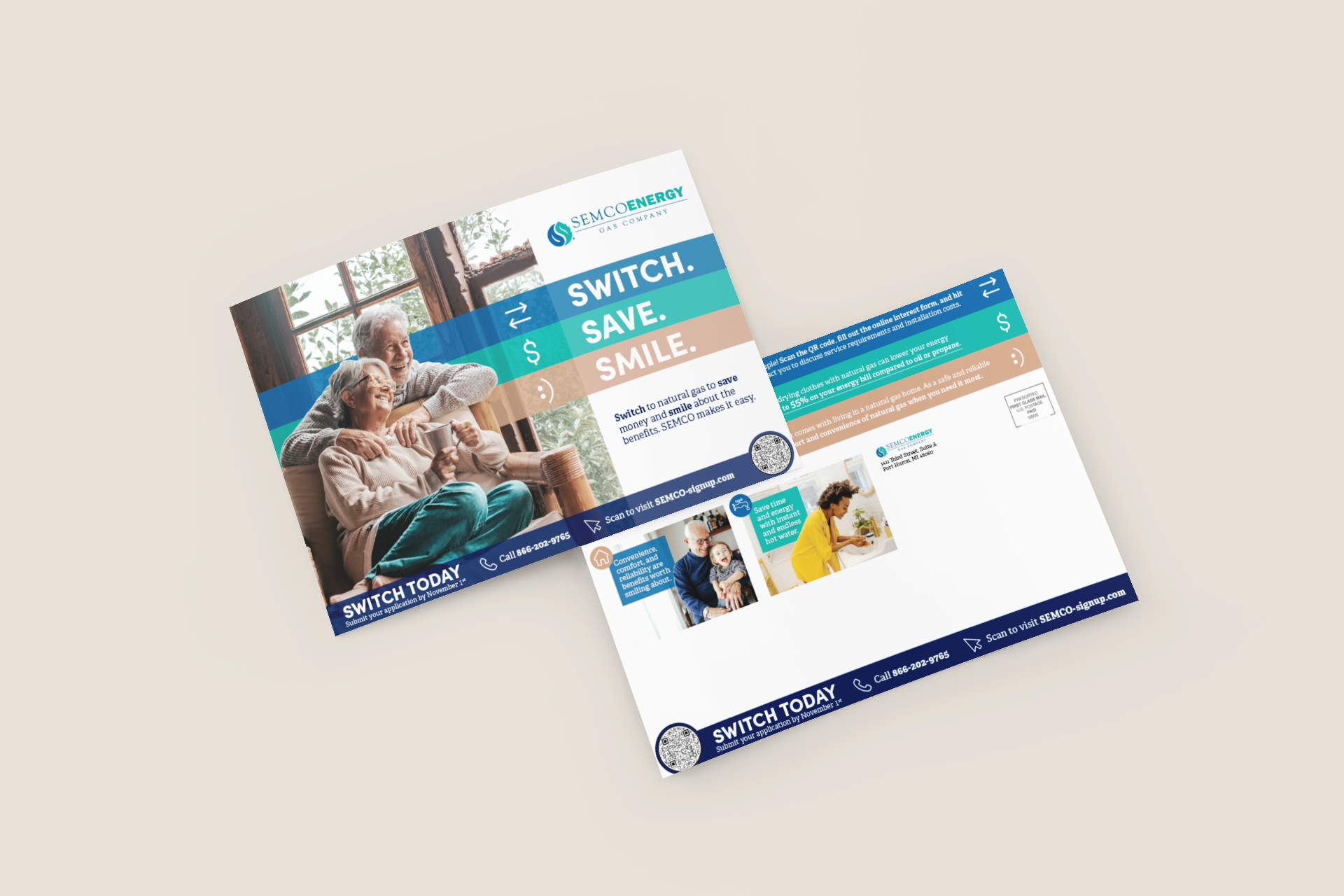 Flyer promoting SEMCO energy natural gas services with the slogan 'Switch. Save. Smile.' featuring an elderly couple sitting together by a window, smiling. The flyer includes a QR code, contact information, and images of people in various household activities.