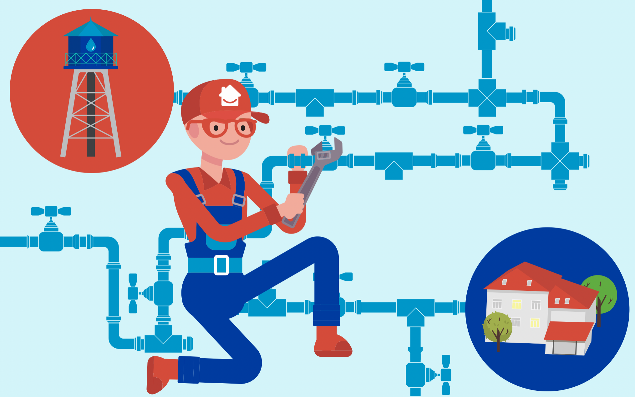 A person working with water pipes connecting a water tower and a house, holding a wrench and wearing work clothes and a cap.