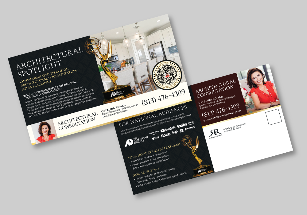 Business cards for an architectural consultation service featuring a gold trophy, a woman in a red dress, and contact information.