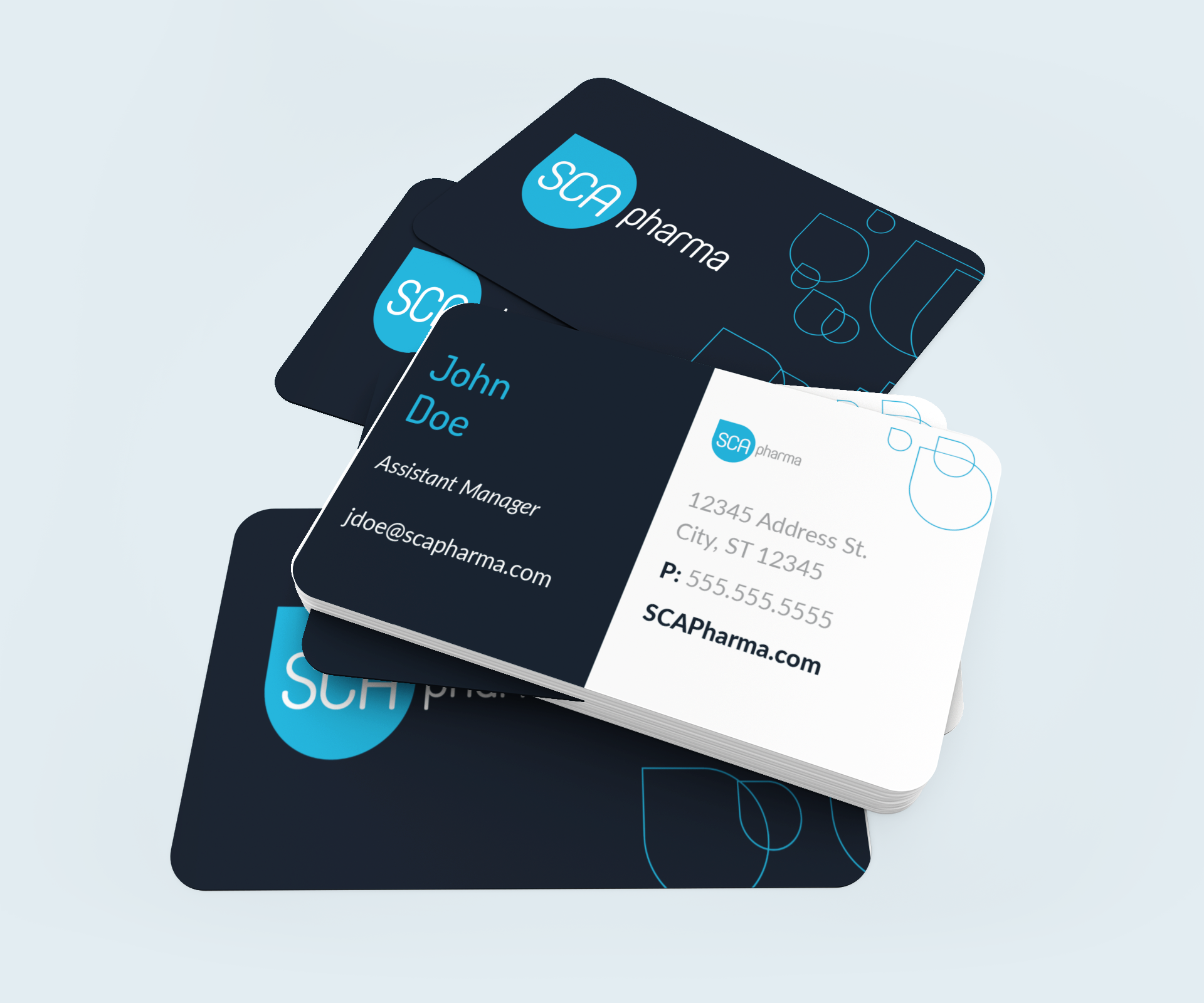Stack of business cards for SCAPharma with contact information, including name, email, and phone number.