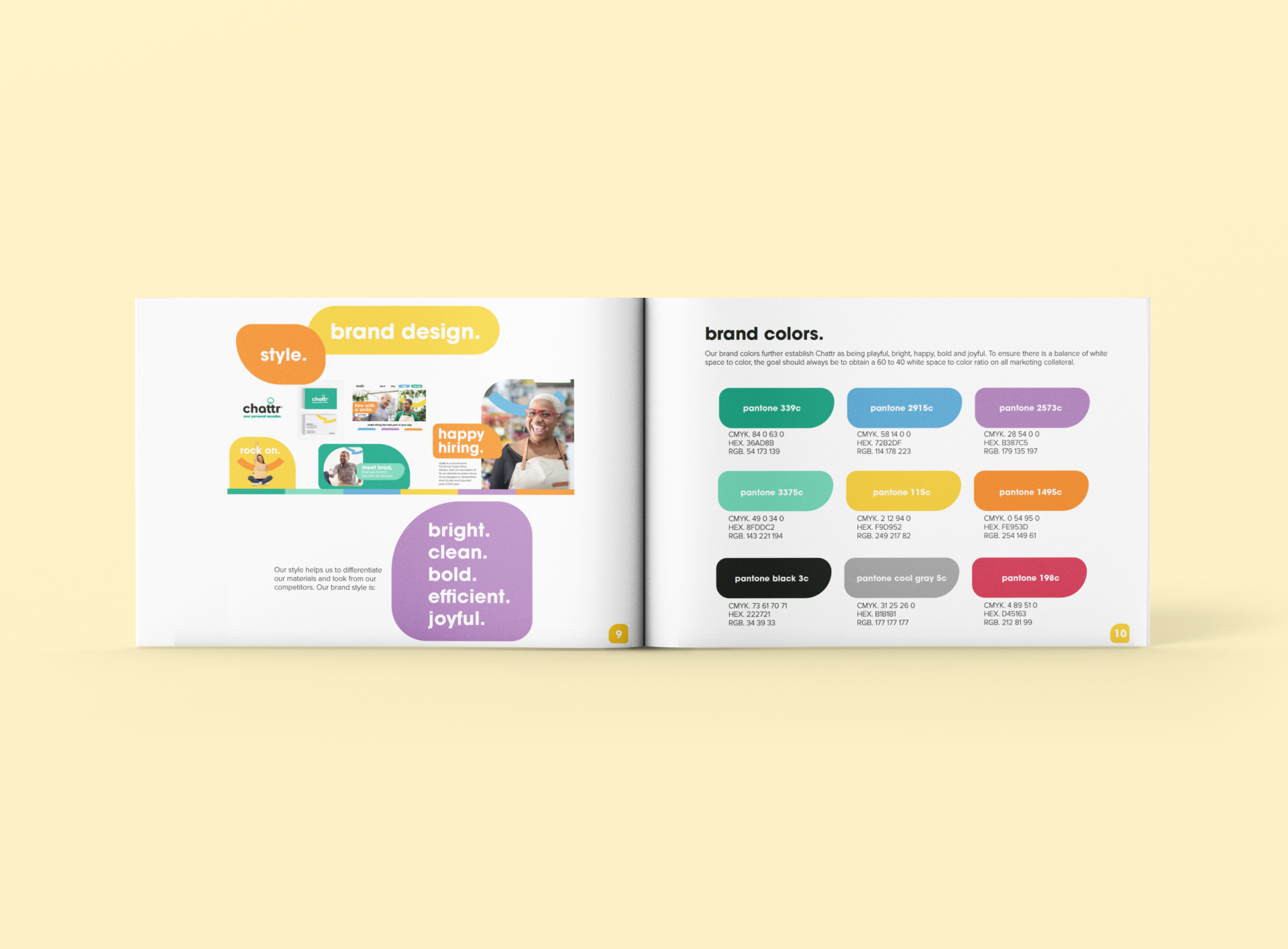 Open brand style guide with color palette and design elements displayed on white pages, featuring text such as "brand design," "style," and "bright, clean, bold, efficient, joyful."