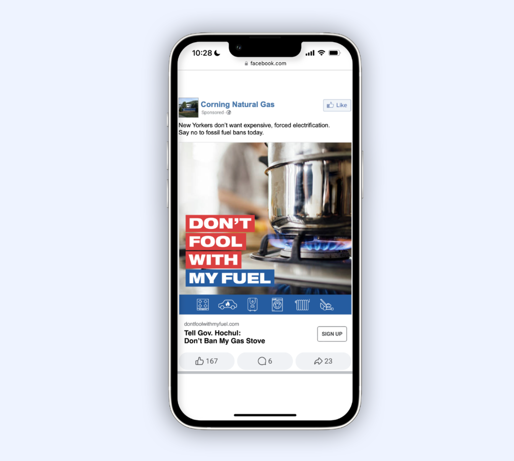 Facebook ad for Conning Natural Gas showing a pot on a stove with blue flames, with bold text reading 'Don't Fool With My Fuel', and icons representing various appliances at the bottom.