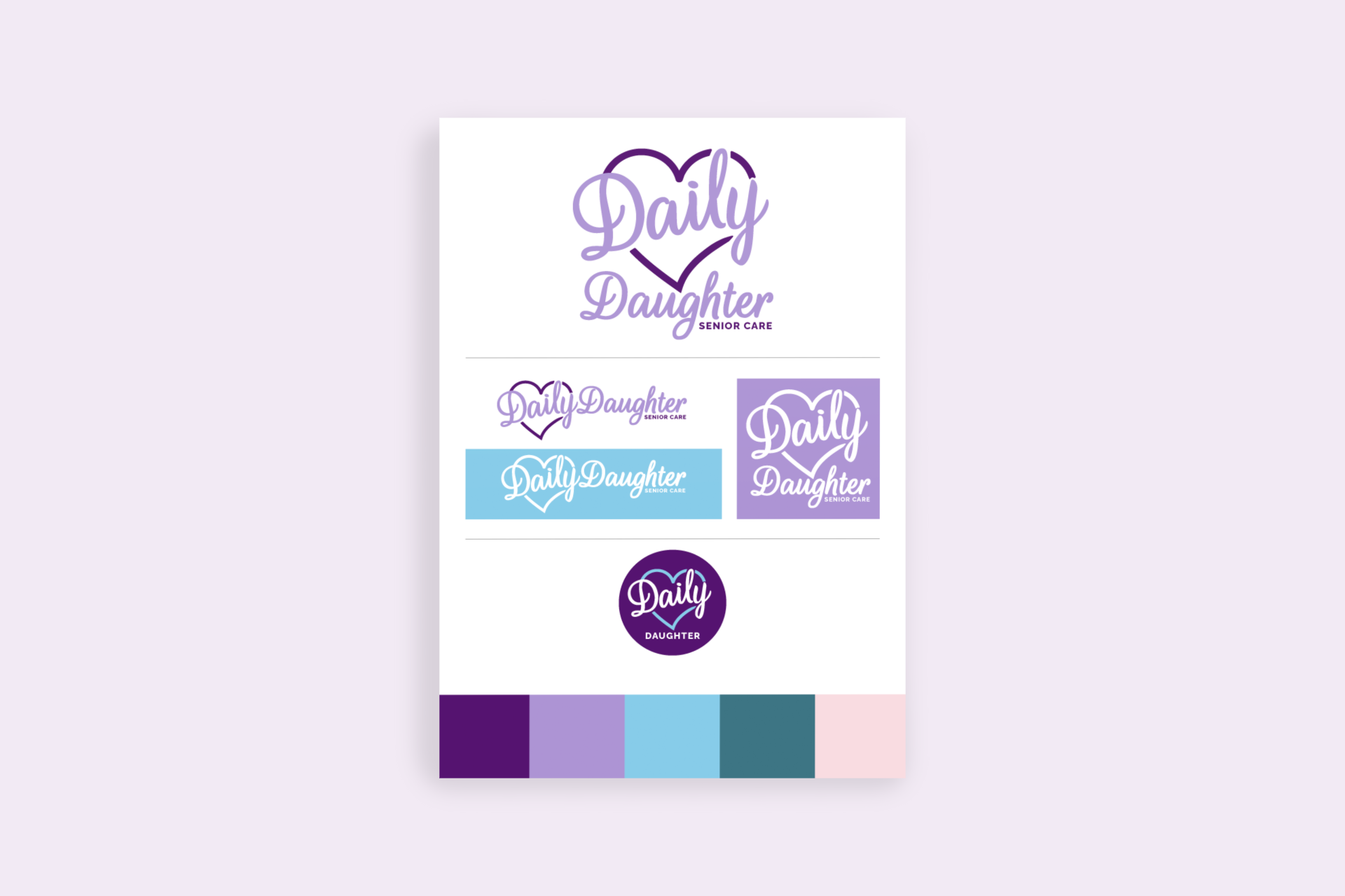 Collection of different logo designs for 'Daily Daughter' senior care branding, featuring purple, light purple, blue, teal, and pink color schemes.