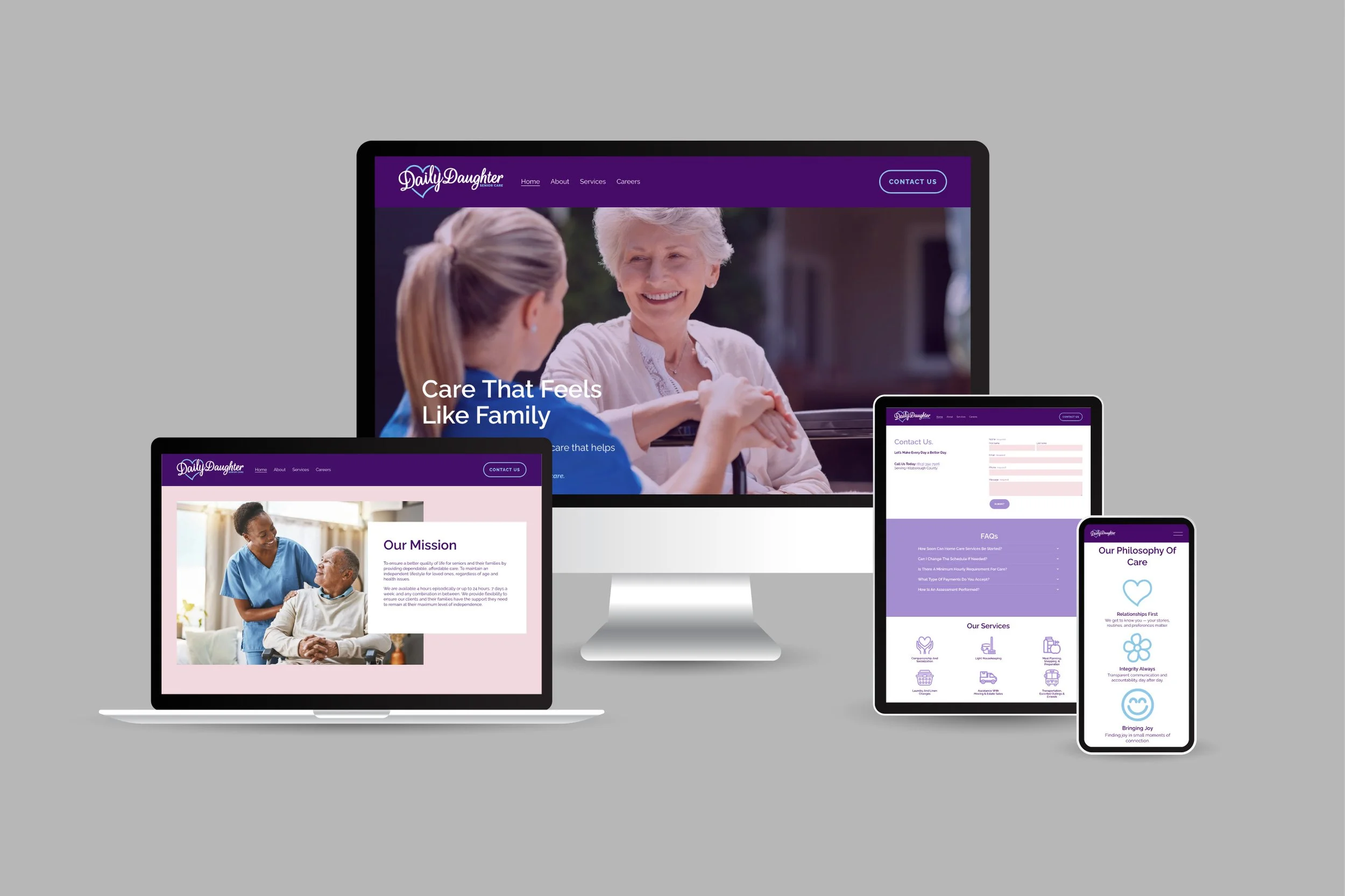 Multiple electronic devices displaying a website for a caregiving service named Daily Daughter. The devices include a desktop monitor, a laptop, a tablet, and a smartphone, all showing different pages of the website with images of caregivers and elderly clients, and a purple and white color scheme.