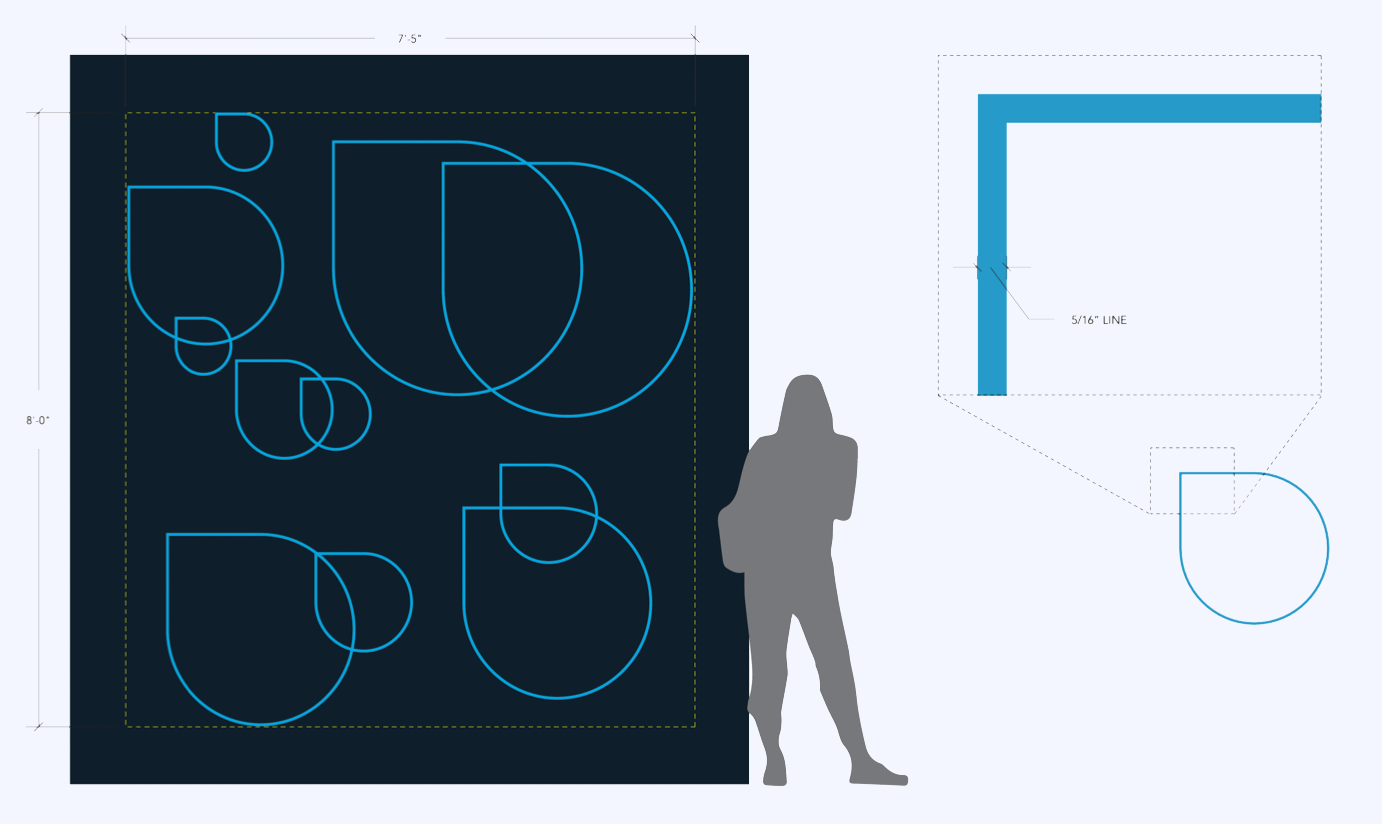 Design plan for a basketball court showing measurements and layout, with a silhouette of a person for scale.