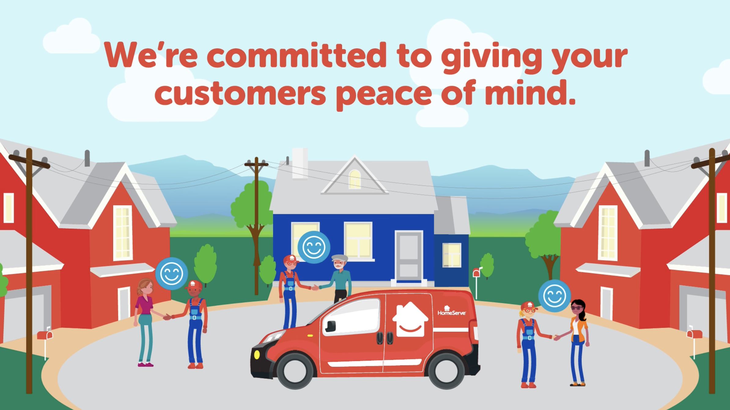 Illustration of a neighborhood with red and blue houses, trees, and power lines, featuring a red HomeServe service van, and people shaking hands, smiling, and exchanging greetings outside.