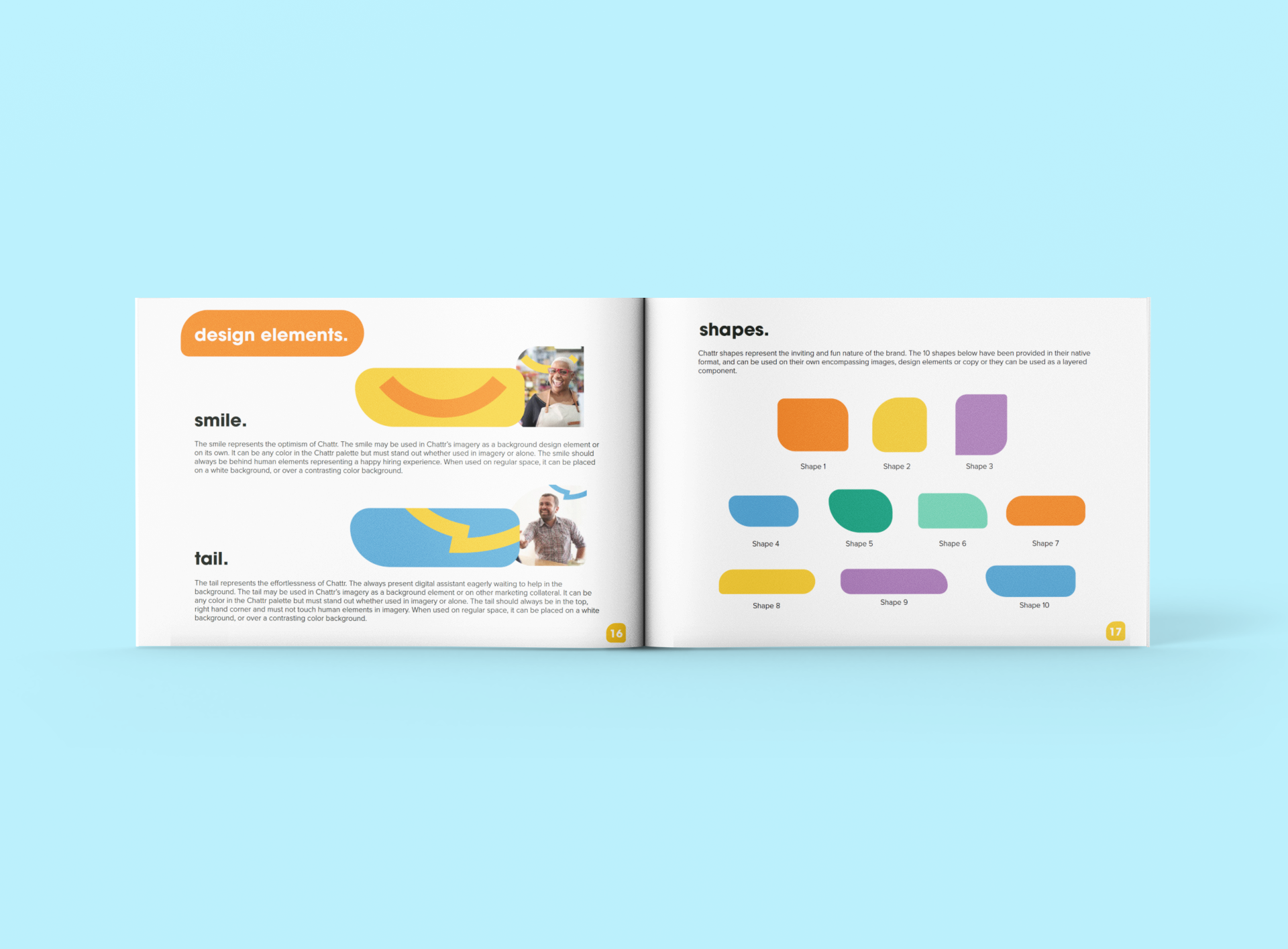 Open booklet displaying design elements, including smile and tail icons with associated images of people, and a section on shapes with colorful rounded rectangles labeled 1 to 10, on a light blue background.