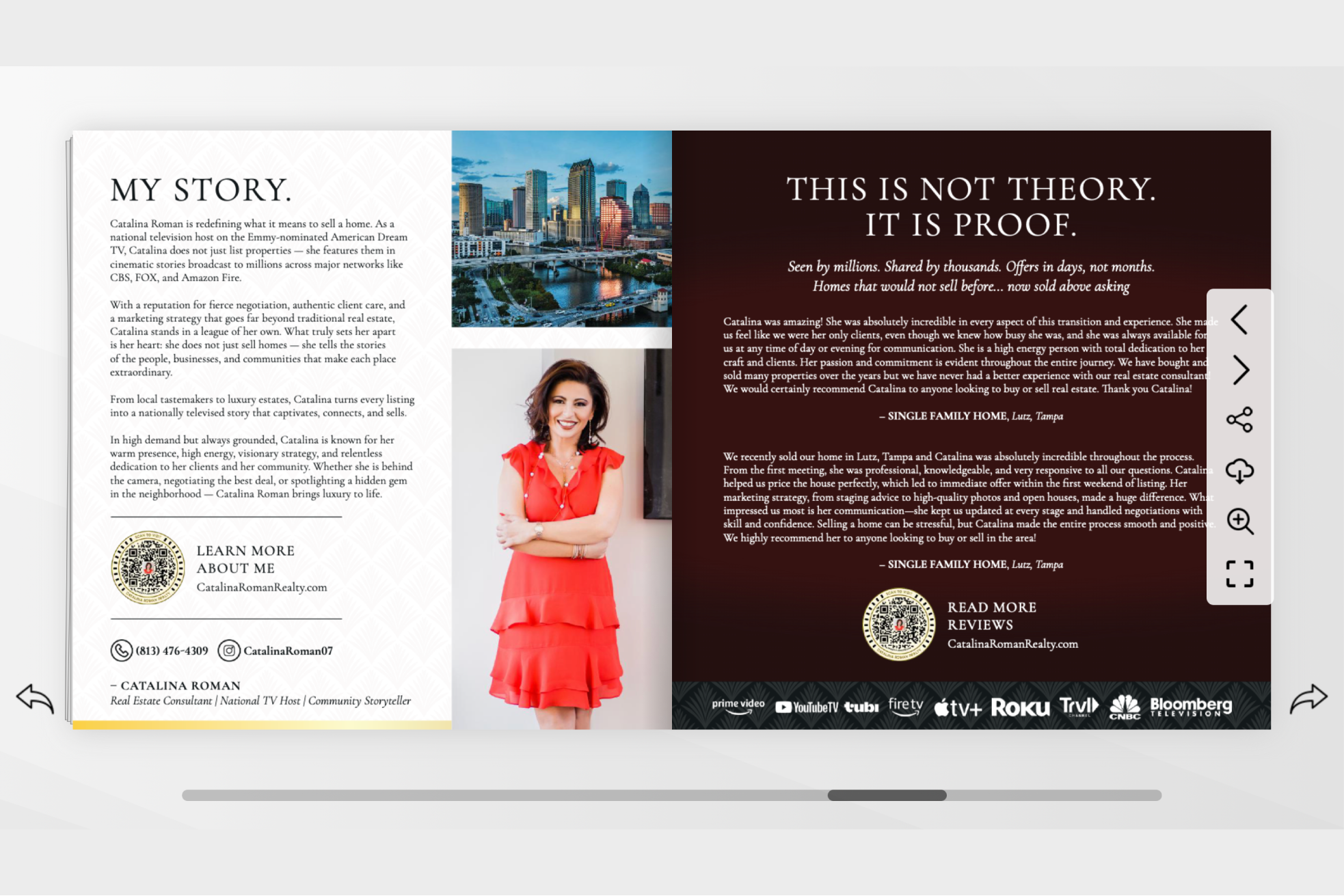 A digital brochure with a two-page spread featuring real estate agent Catalina Roman. The left page includes her photo in a red dress, her contact info, a paragraph about her work, and a QR code for more info. The right page contains client testimonials, service claims, and logos of media platforms.