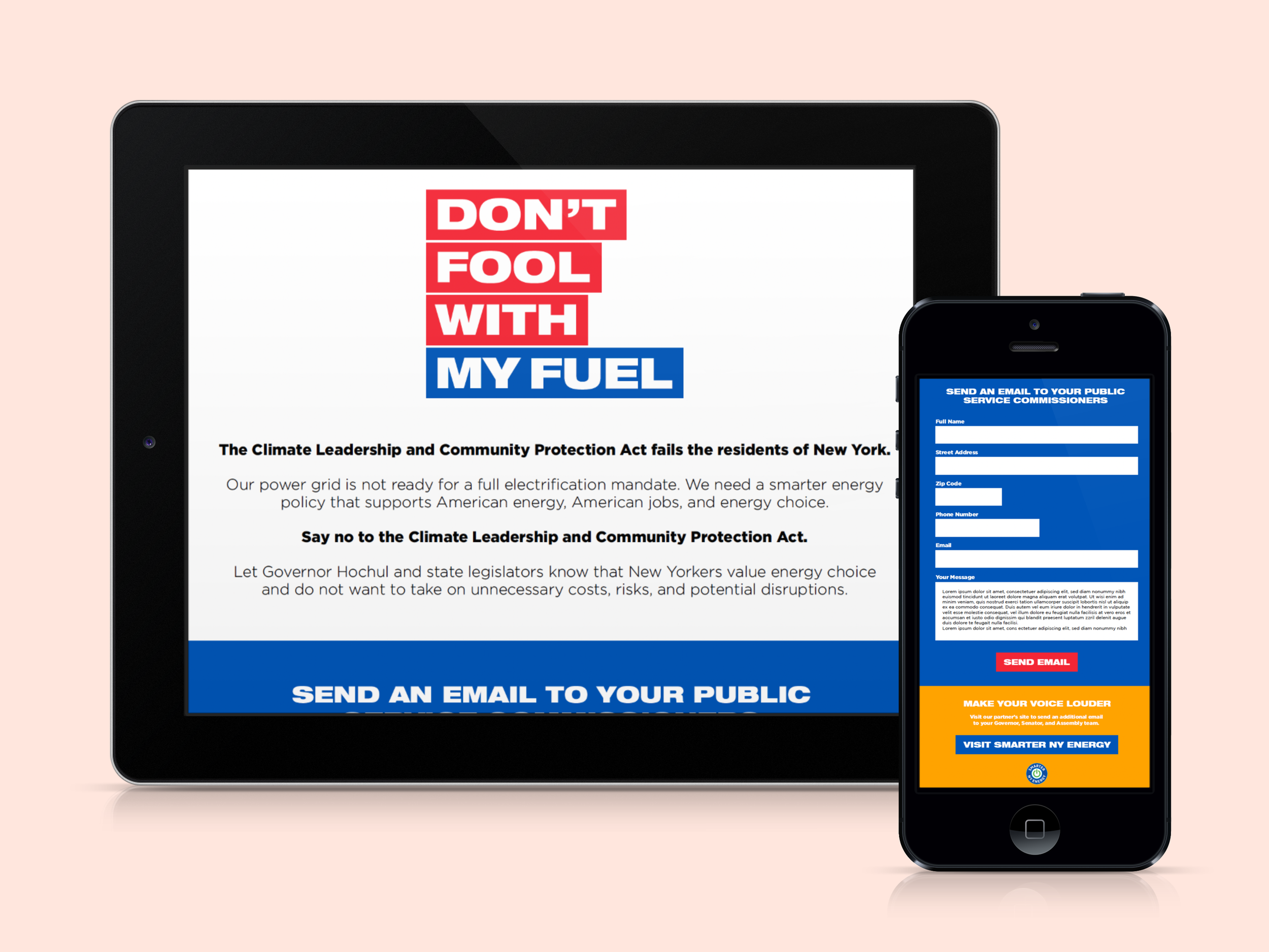 Digital devices displaying political activism content related to energy policy and climate legislation, including a tablet with a message "DON'T FOOL WITH MY FUEL" and a mobile phone with a form to send an email to public service commissioners.