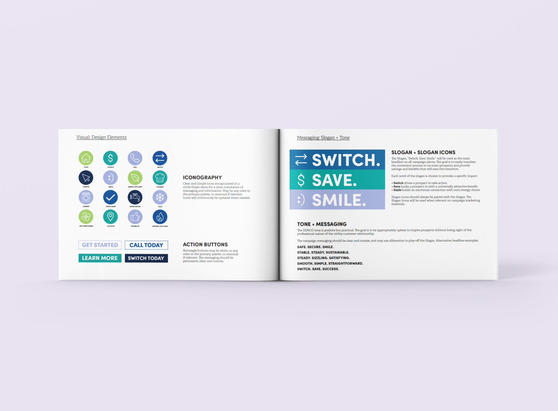 Open magazine displaying design elements including icons, action buttons, slogans, and messaging tips, with a purple background.