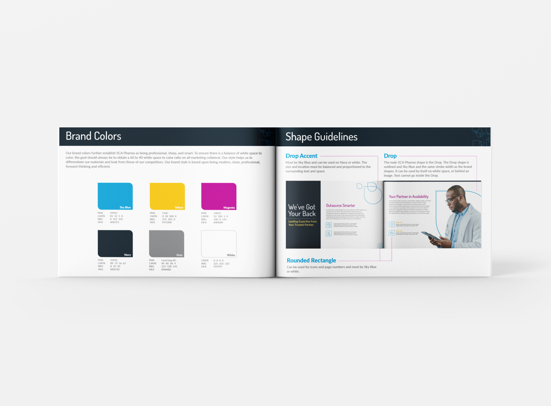 Open brand guideline booklet showing brand colors and shape guidelines, including color swatches for Sky Blue, Yellow, Magenta, Navy, Gray, and White, with example usage and descriptive text.