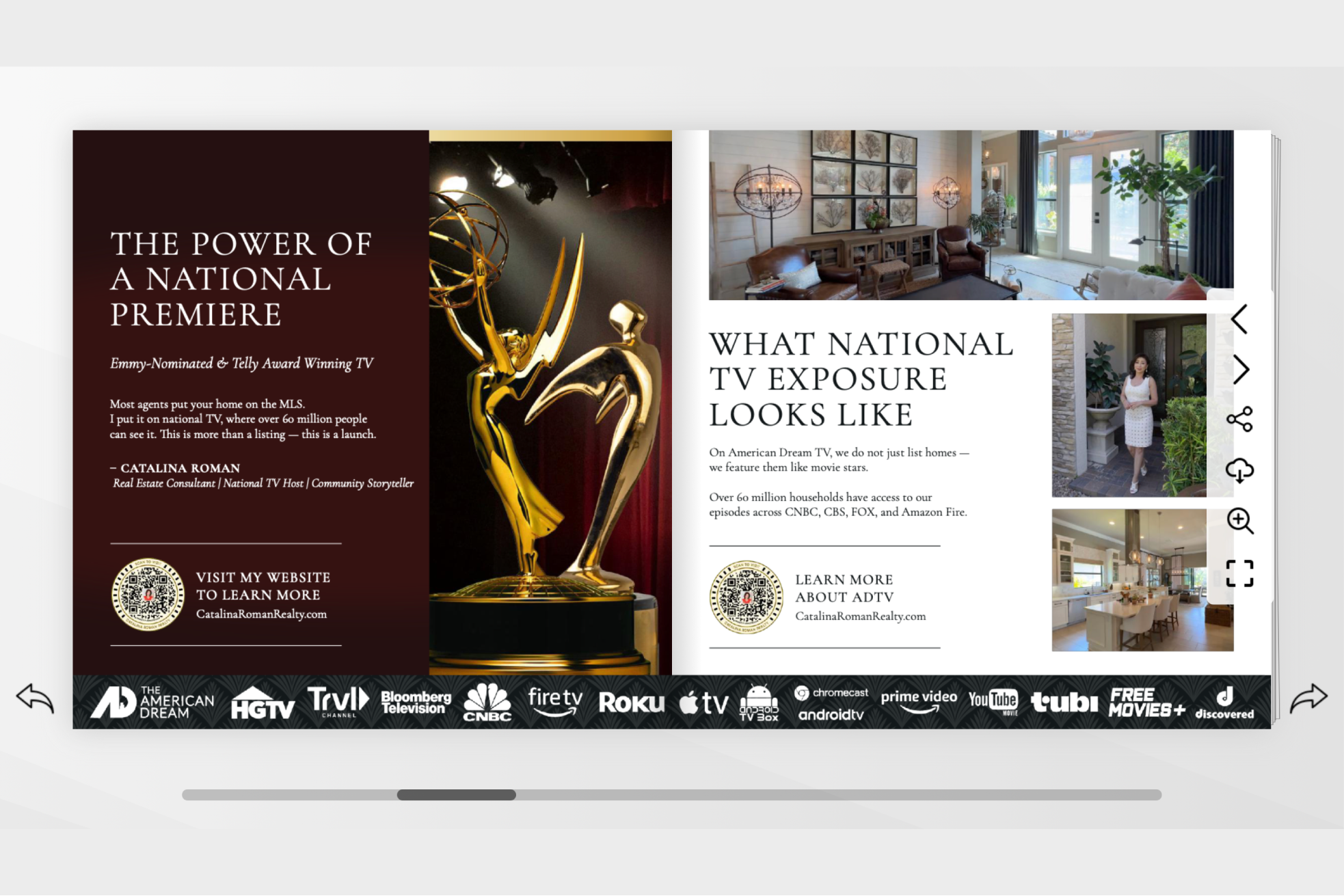 Open magazine spread advertising a TV show premiere and TV exposure, featuring text, images of TV awards, interior home scenes, and a row of logos of streaming platforms.