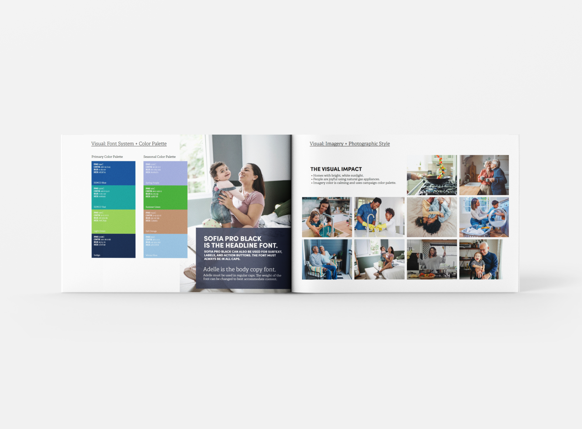 Open magazine featuring color palettes and photography style; large photo of woman holding a child smiling, multiple small photos of family activities, kitchen, laundry, and bonding moments.