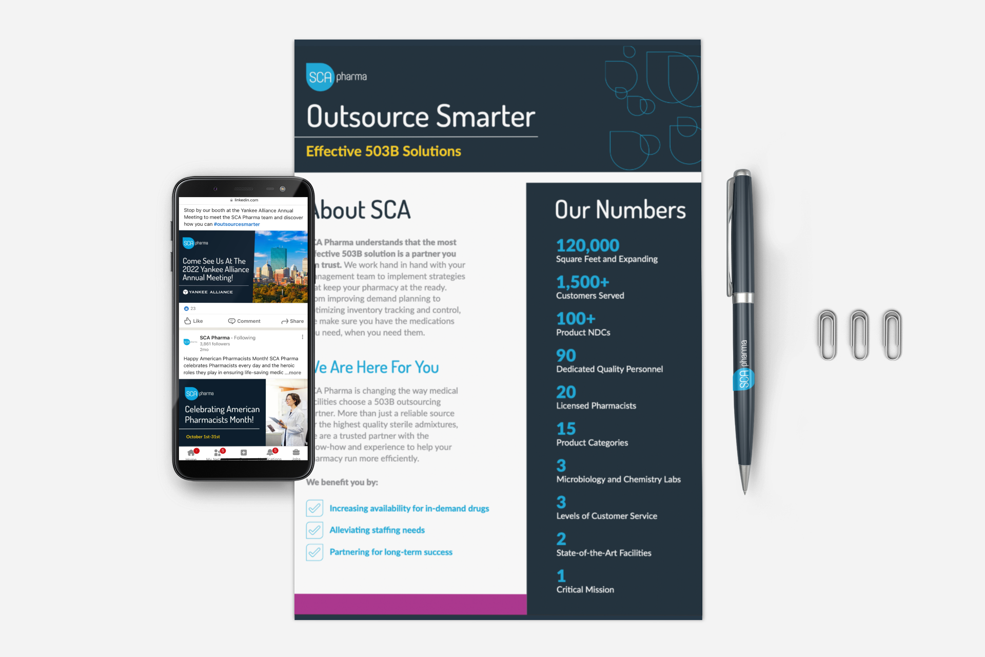 A flyer for SCA Pharma titled 'Outsource Smarter' on the right, with a pen nearby and paper clips beside it. On the left, part of a smartphone displaying a LinkedIn post about the Yankee Alliance Annual Meeting and celebrating American Pharmacists Month.