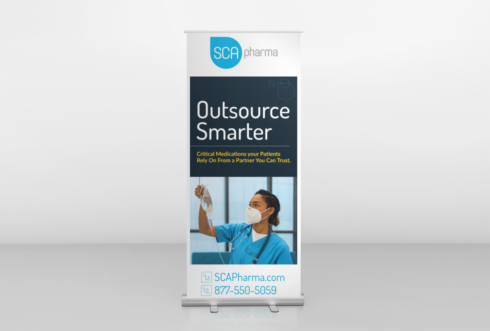 Vertical banner for SCA Pharma featuring the slogan "Outsource Smarter" and the tagline "Critical Medications your Patients Rely On From a Partner You Can Trust." Shows a female healthcare worker in scrubs and a face mask examining an IV bag, with the company's website and phone number at the bottom.