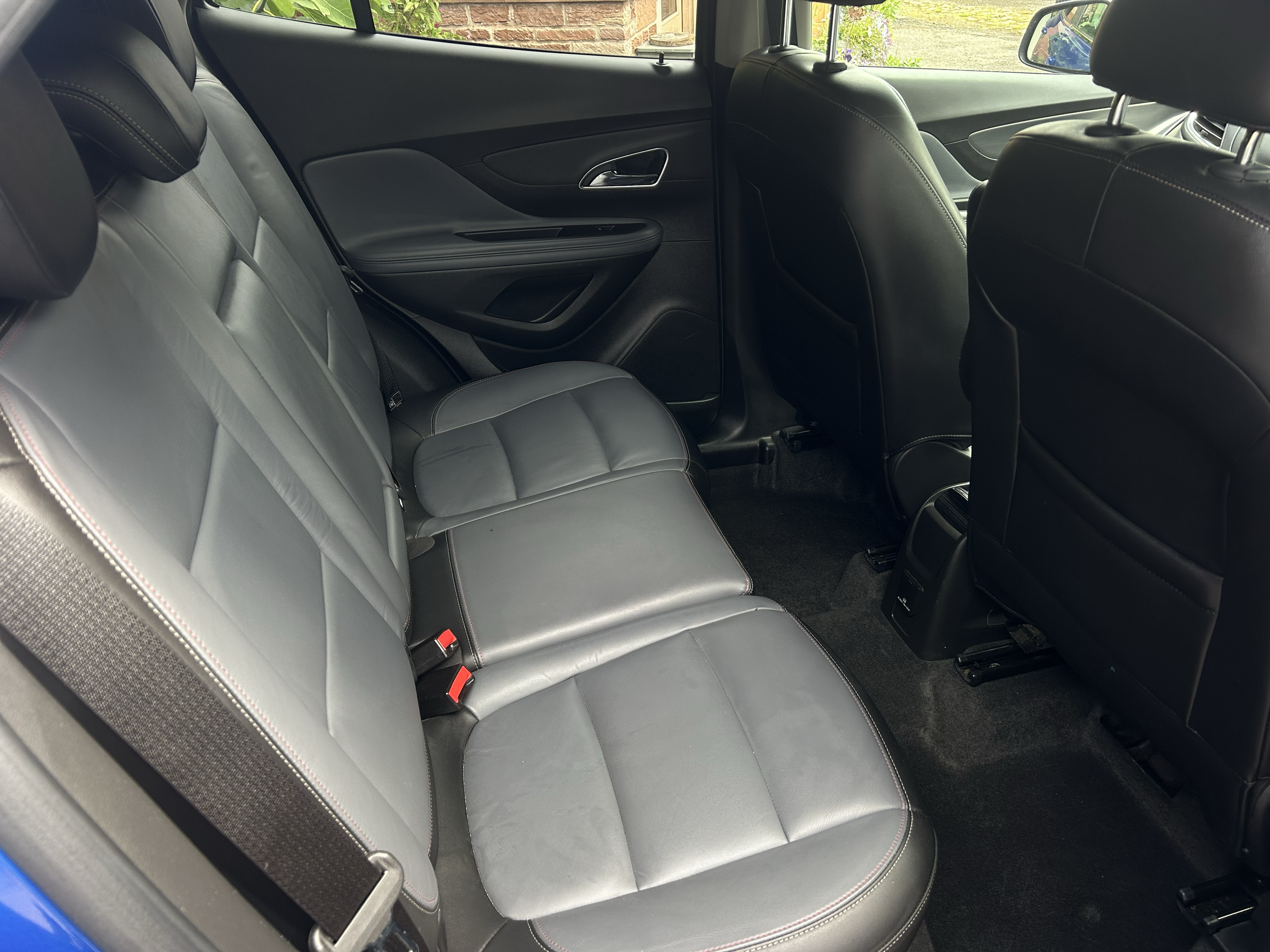 The interior of a car showing black leather backseat and front seats with a view of the outside garden through the windows.