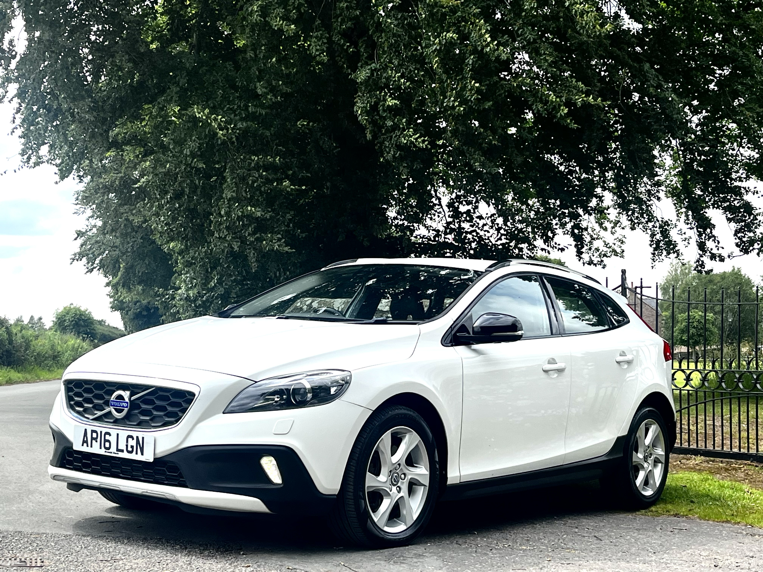 A white Volvo car parked on the side of the road with a large green leafy tree in the background and a black metal fence to the right of the car.