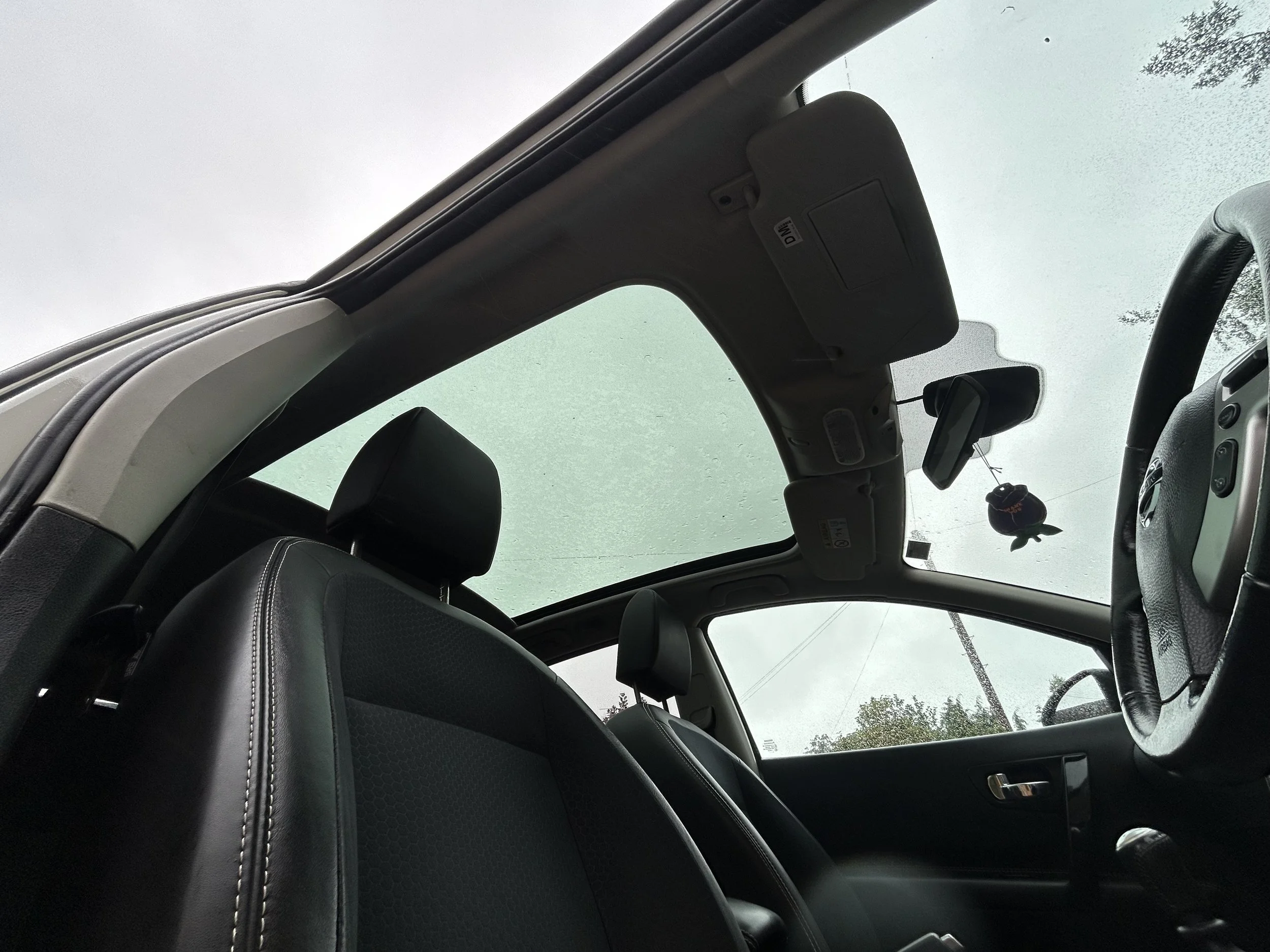 Inside view of a car with a cloudy sky and some trees visible through the windshield