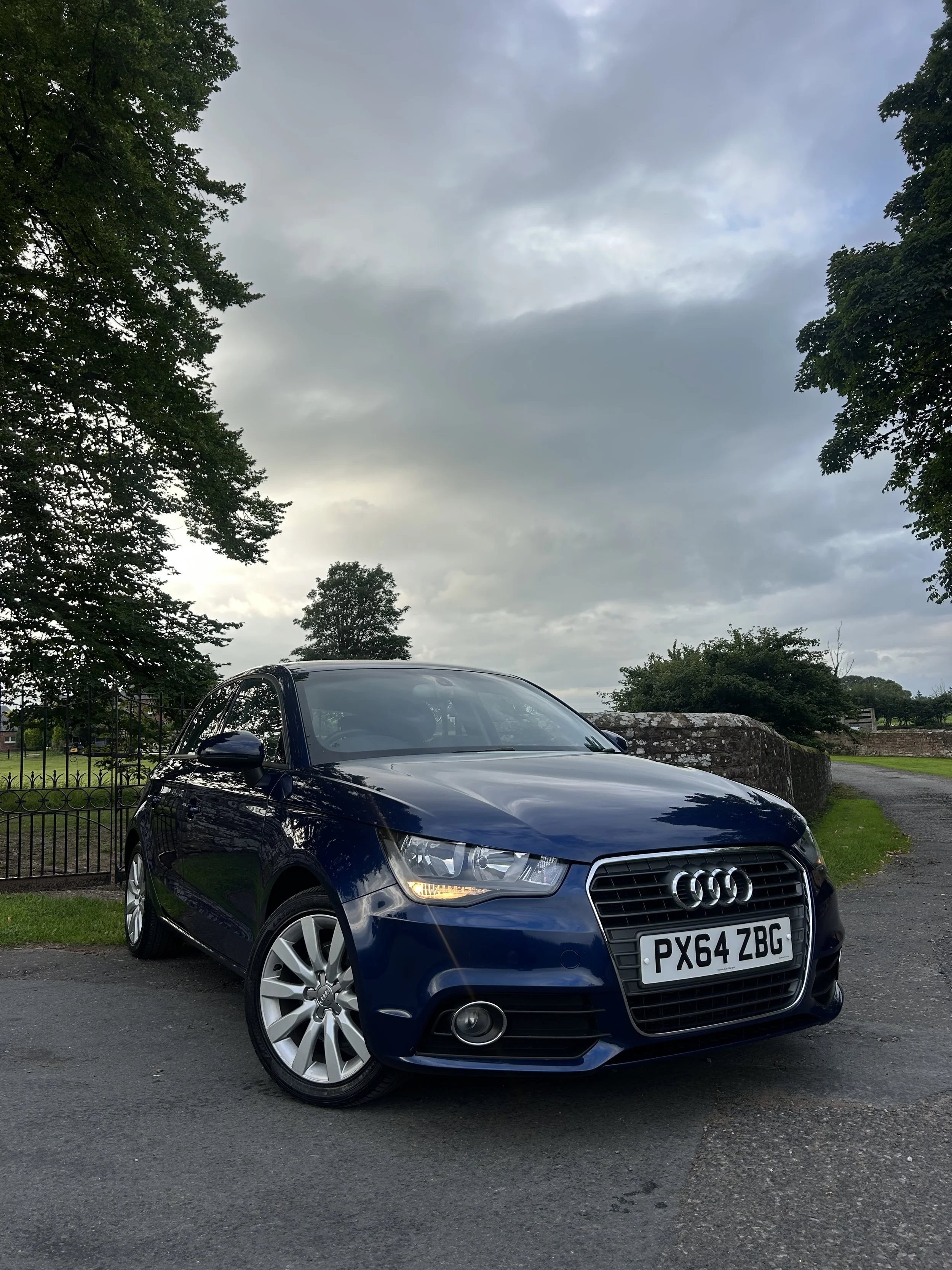 A blue Audi car parked on a rural road with trees and overcast sky in the background.