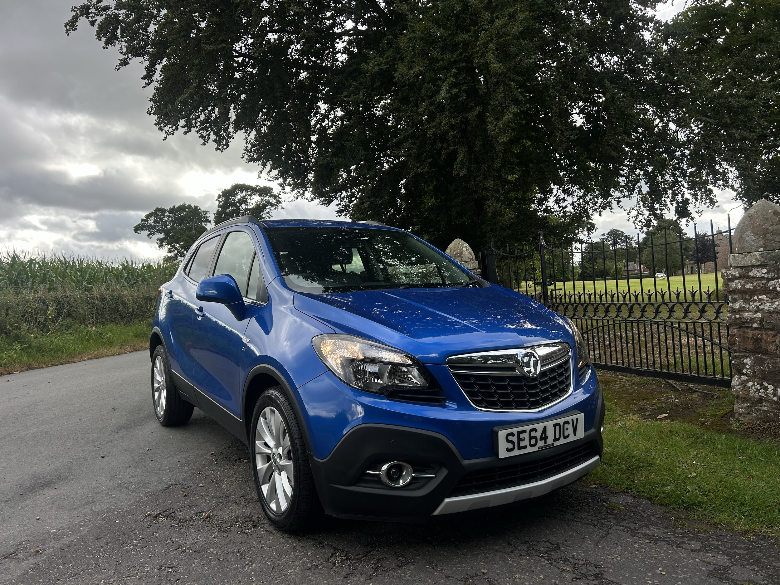 Blue compact SUV car parked on a paved surface near a stone wall with fence, trees, and cloudy sky in the background.