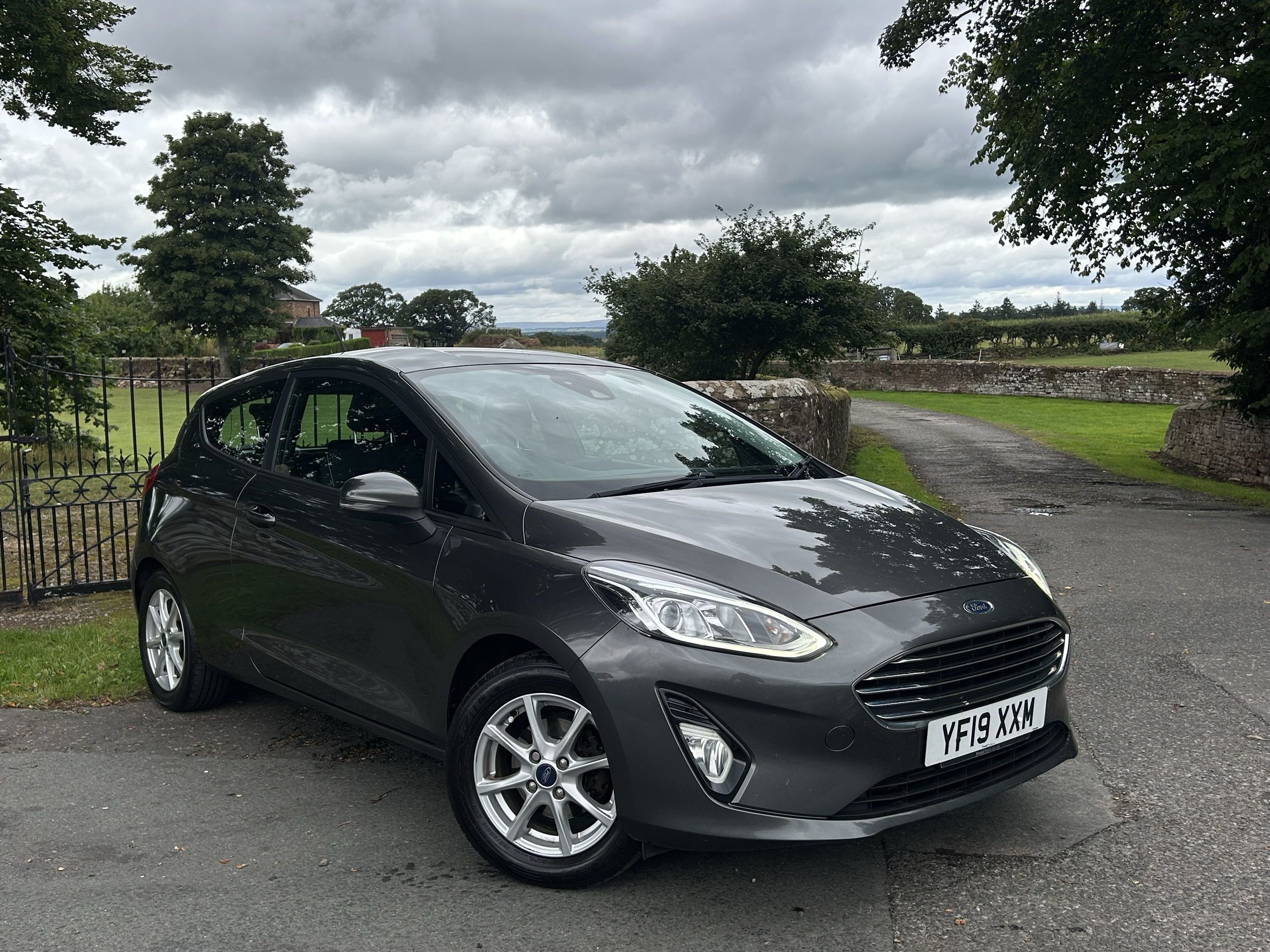 A black Ford Fiesta parked on a driveway in a rural area with trees, grass, and cloudy sky in the background.