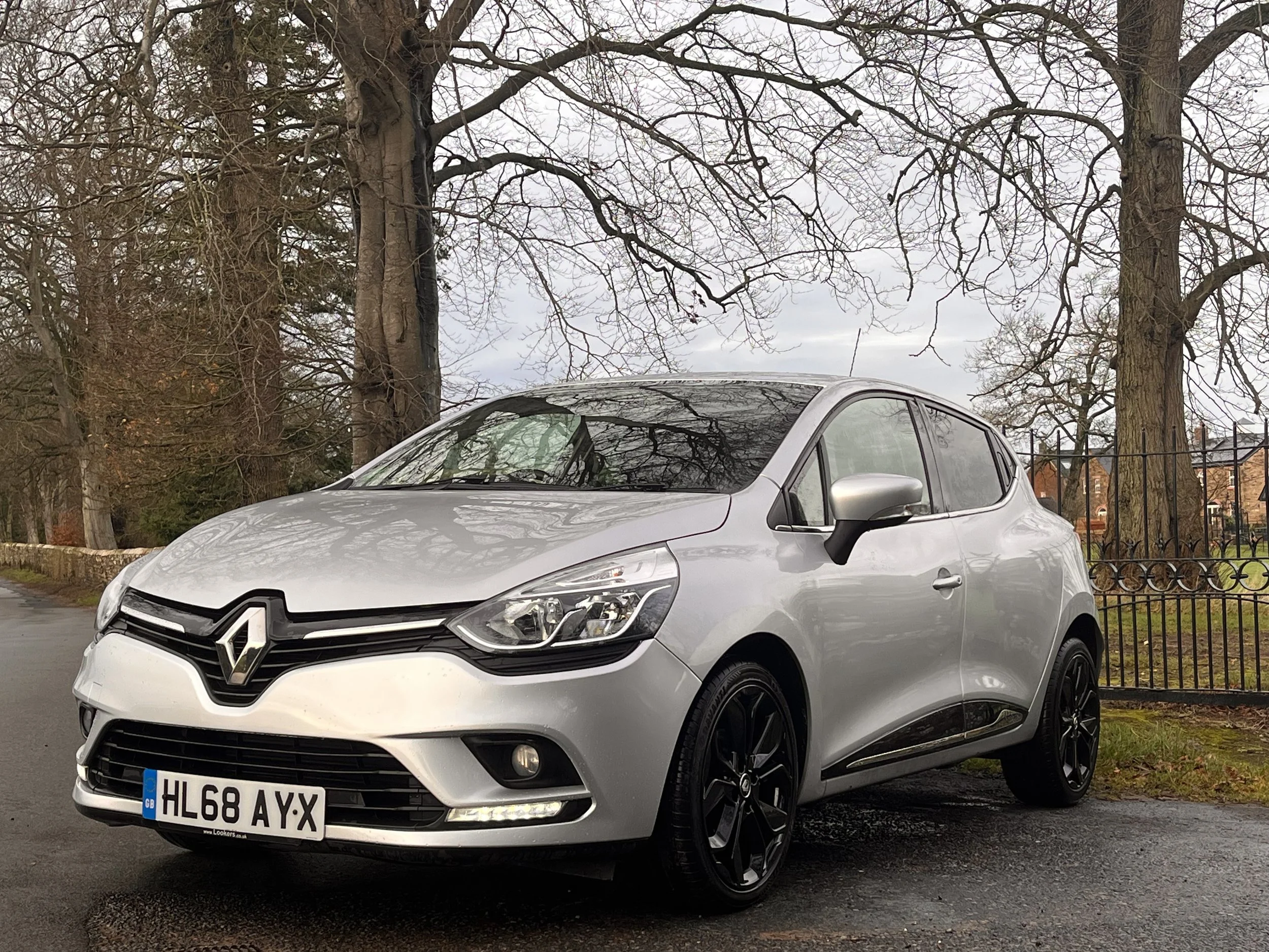 A silver Renault hatchback car parked on a street with leafless trees and a black fence in the background.