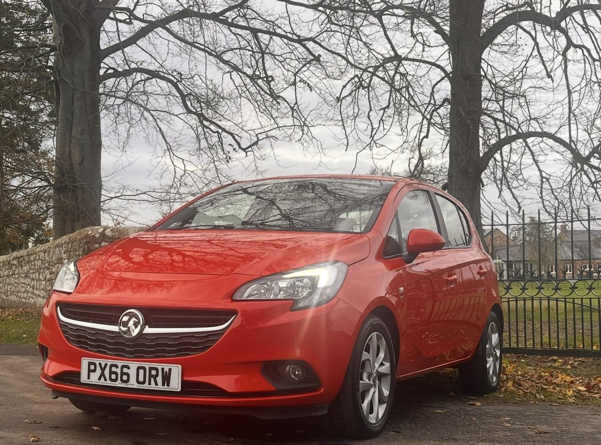 Red hatchback car parked on street in front of trees and black metal fence, with cloudy sky in background.