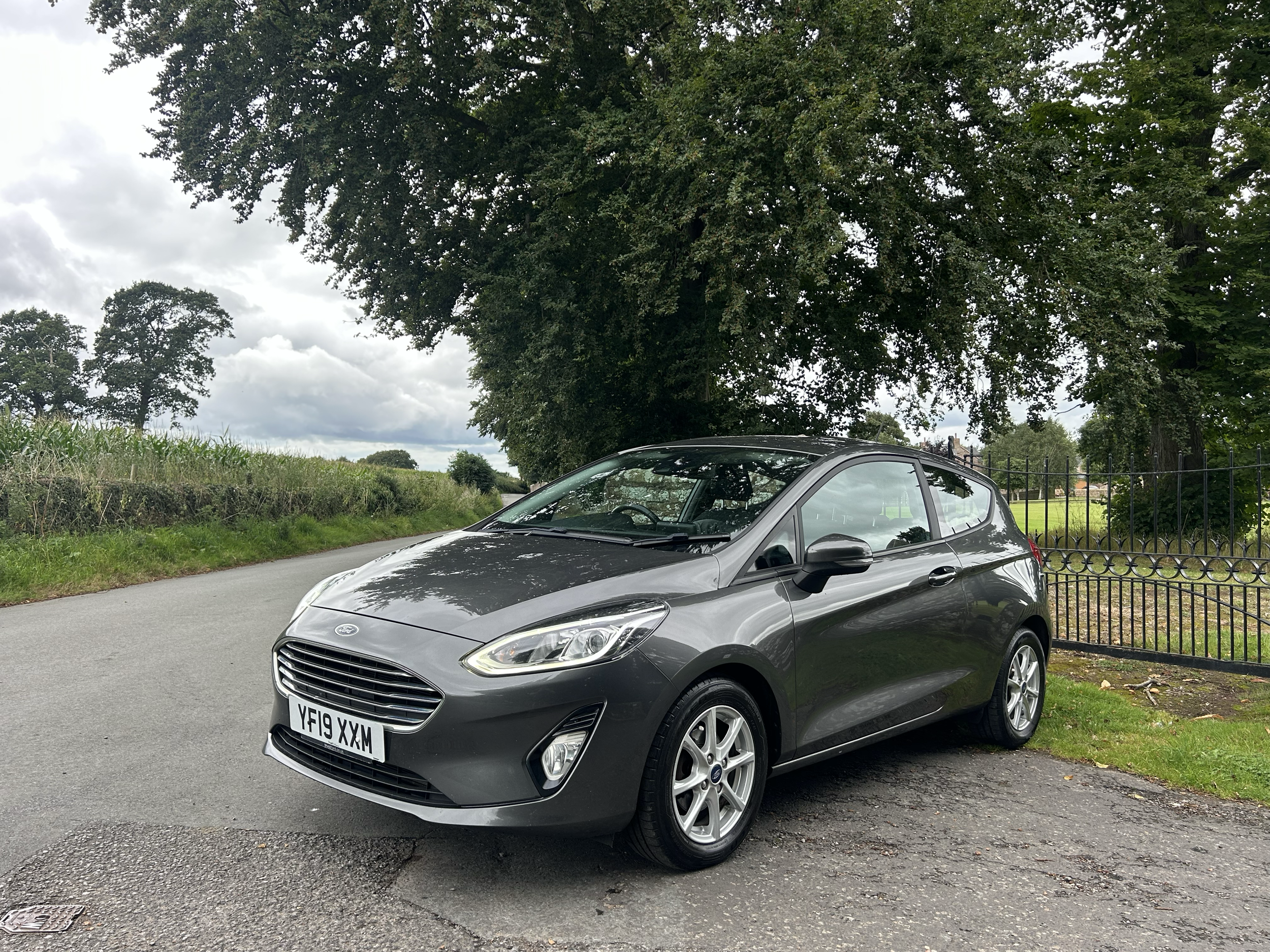 A gray Ford car parked on the side of a road with a lush green tree and cloudy sky in the background.