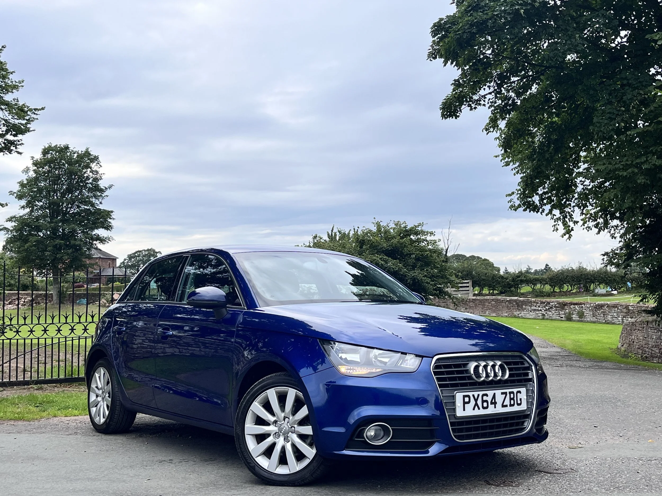 Blue Audi hatchback car parked on a paved road with a grassy area, trees, and a cloudy sky in the background.