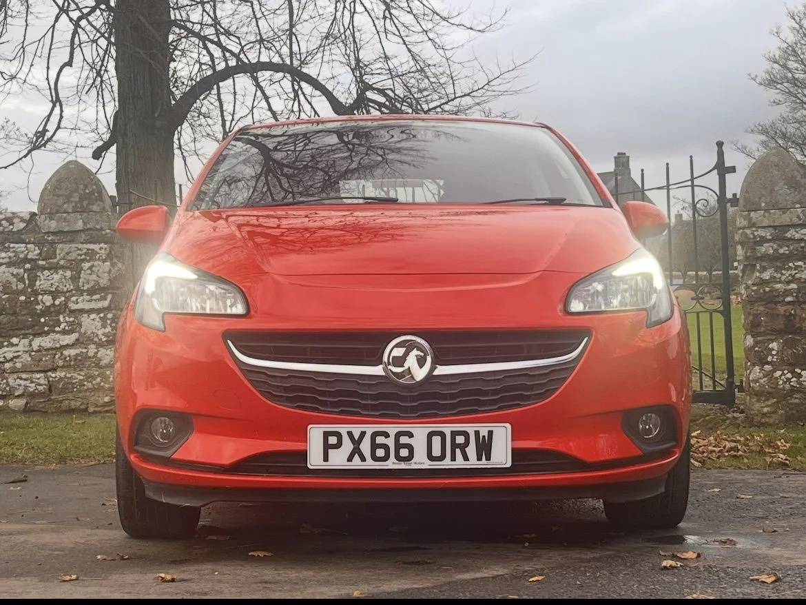 Red Vauxhall car parked in front of stone wall and iron gate with leafless trees in the background.