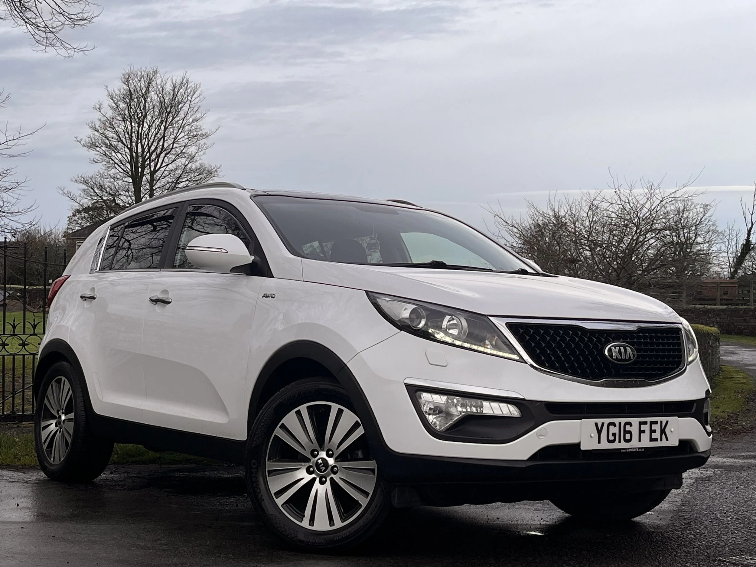 A white Kia SUV parked on a wet road with leafless trees and a cloudy sky in the background.