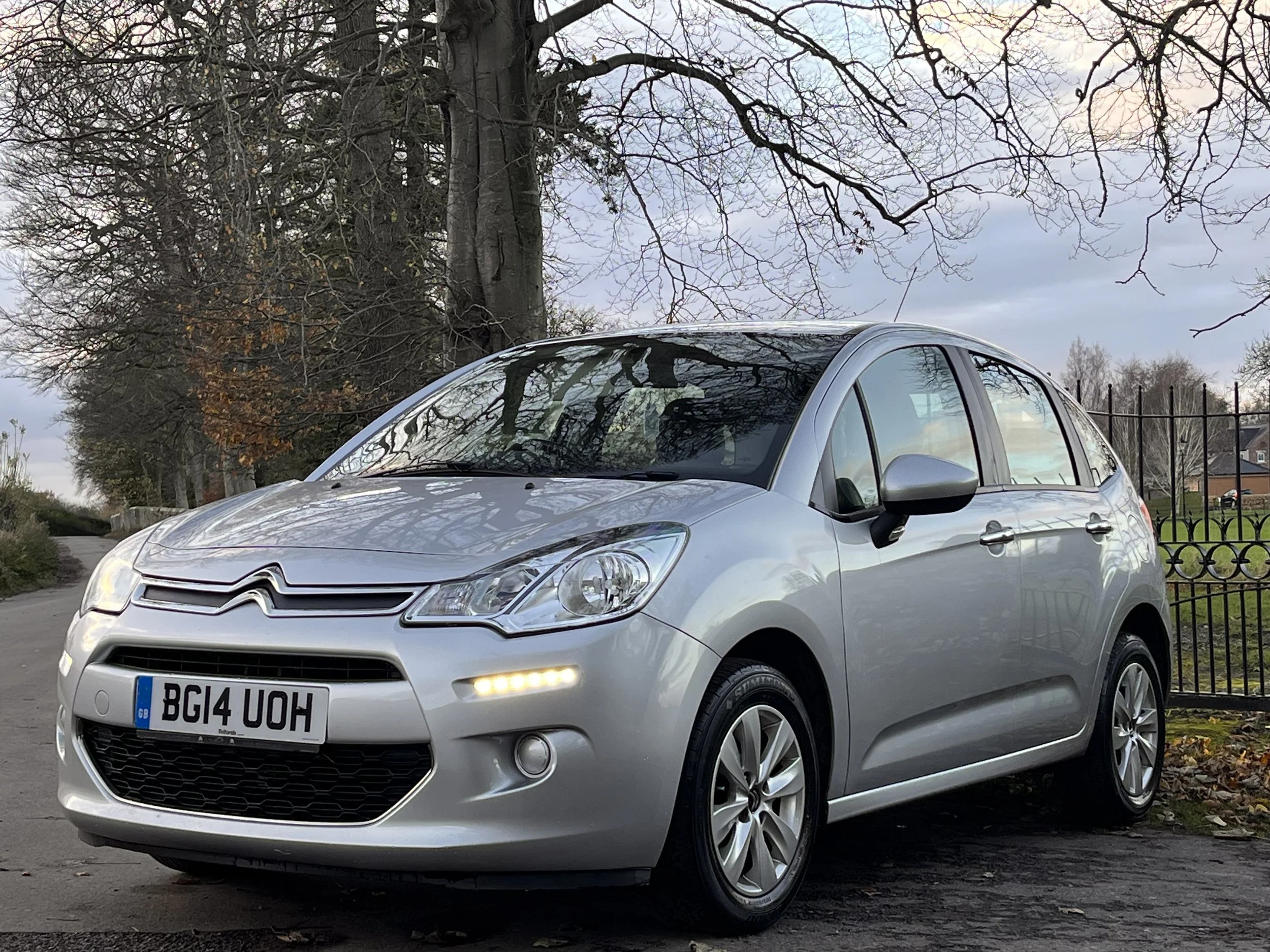 Silver hatchback car parked on the side of a street near trees and a black fence, with cloudy sky in the background.